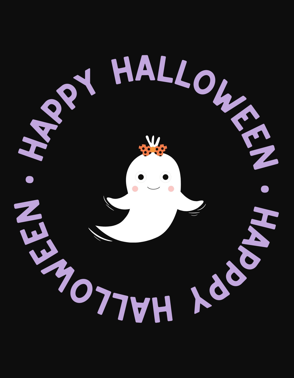 A képen egy aranyos kis szellem látható egy sütőtökös csokornyakkendővel, körülötte a "Happy Halloween" felirat ível.