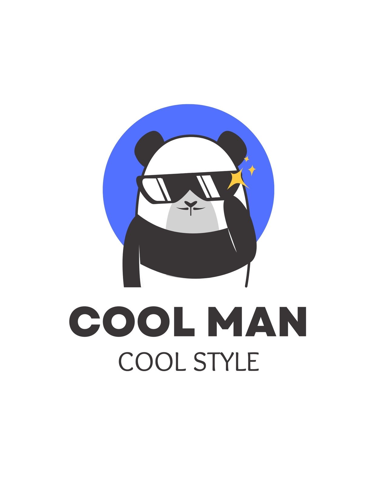 Egy menő panda fekete napszemüvegben pózol, miközben a háttérben egy kék kör ad dinamikus hatást. A panda melletti csillagok a "cool" faktort erősítik.