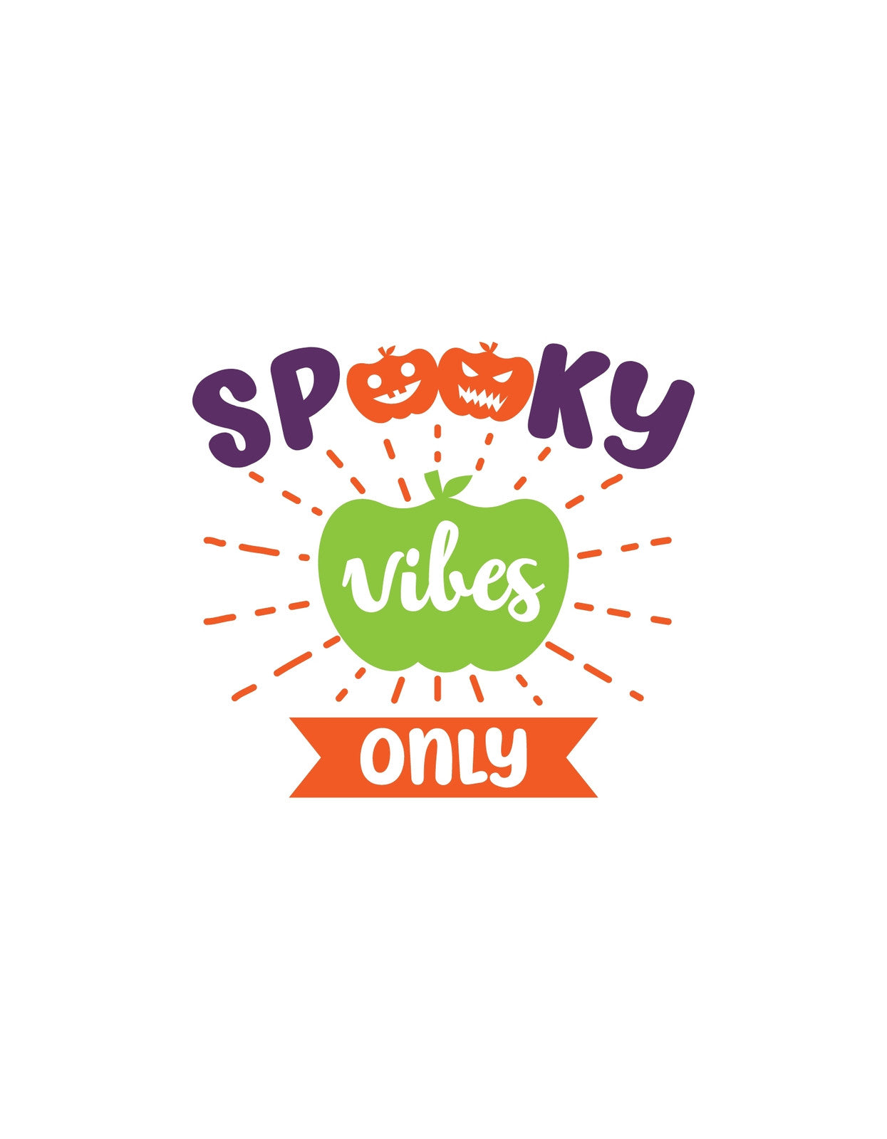 Ez a kép egy szellemes üzenetet hordoz, "Spooky Vibes Only" felirattal, vidám színkombinációban és dekoratív elemekkel, mint például a denevérek és az elragadó betűtípus.