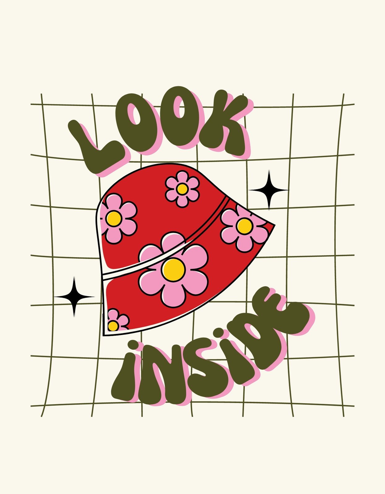 Egy színes, virágmintás szemüveggel díszített design, melynek közepén a "LOOK inside" felirat található, ami mélyebb üzenetet is hordozhat.