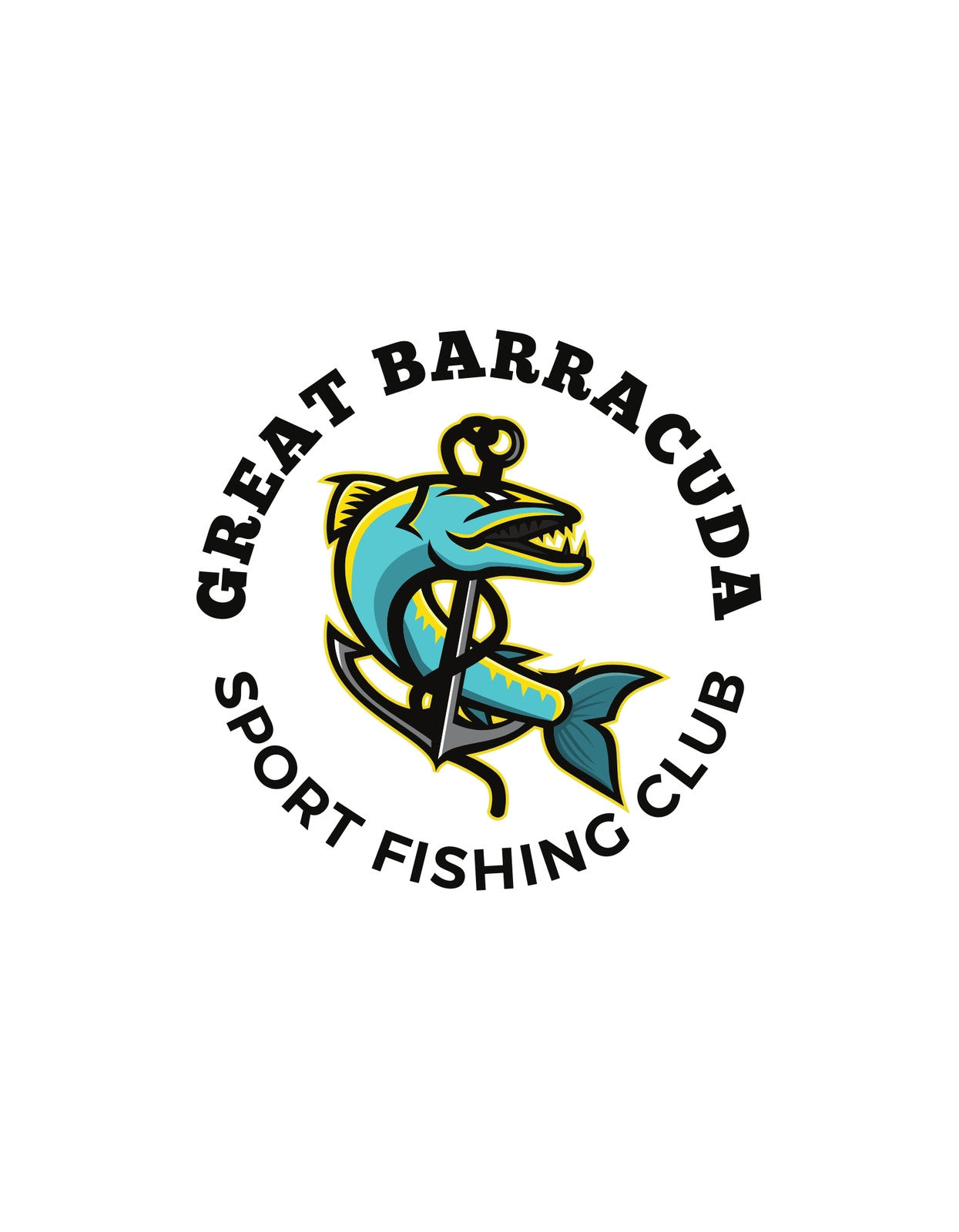 Egy dinamikus barrakuda hal szerepel az emblémán, amely egy horgászfelszerelést tart, körülötte pedig a "Great Barracuda Sport Fishing Club" felirat látható.