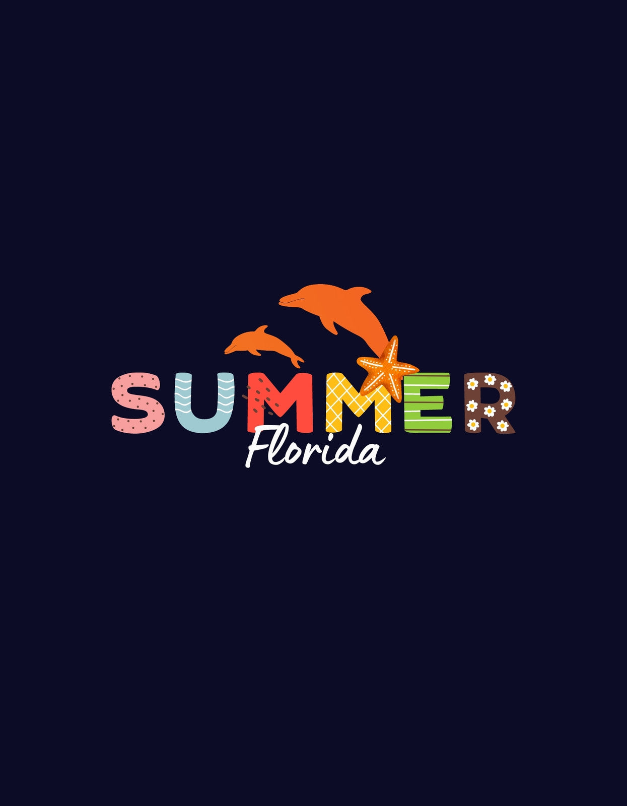 Egyediség és stílus jellemzi ezt a sötétkék alapon elhelyezkedő, színes betűkkel és delfinekkel díszített tervezetet, amit egy csillag tengeri csillag is gazdagít. A "Florida Summer" felirat gondtalan nyári hangulatot áraszt.