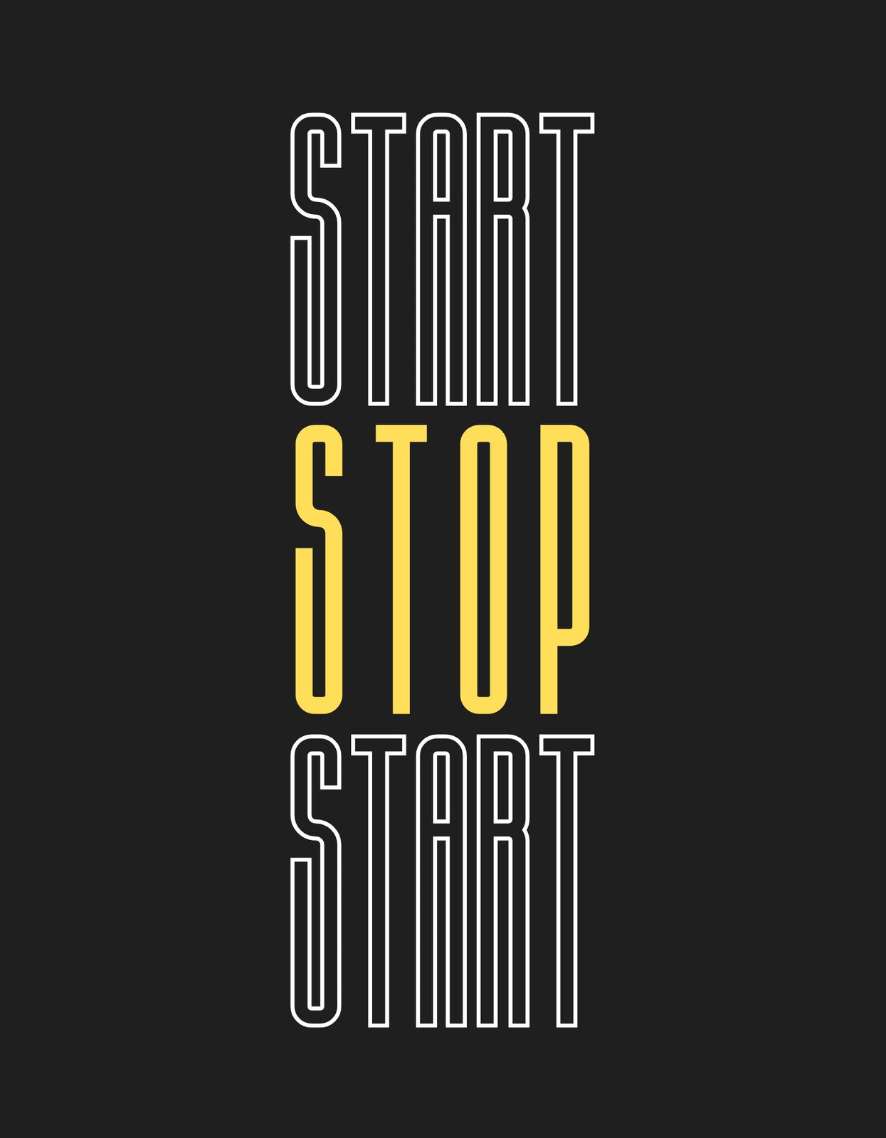Dinamikus kezdet és vég között ingázik ez a design, ahol a "START" és "STOP" szavak fehér és sárga színekben váltakoznak fekete háttéren.