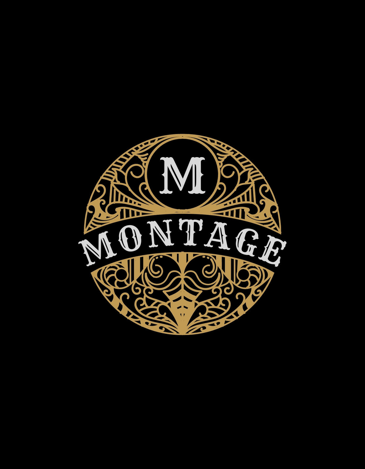 Egyedi arany monogram dizájn fekete háttérrel, mely egy M betűt és a Montage feliratot foglalja közre díszes kerettel.