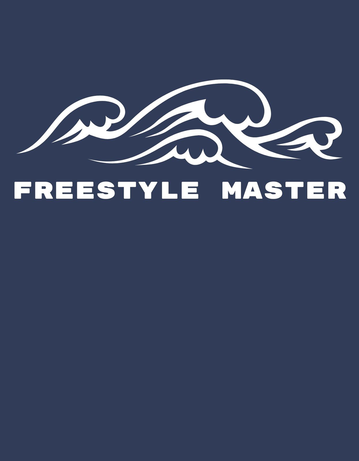 A képen egy dinamikus hullámminta látható, ami a szabadság és a mozgás érzetét kelti, alatta pedig a "FREESTYLE MASTER" felirat olvasható, amely egy szabad stílust és kreativitást sugalló életérzést közvetít.