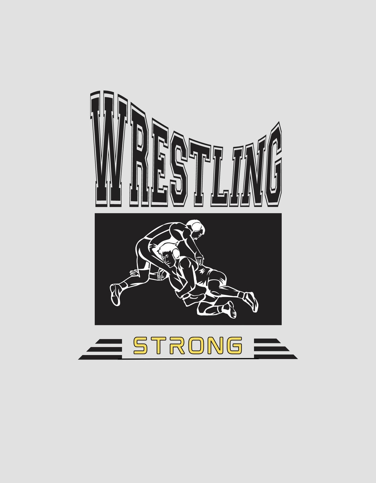 Egy dinamikus birkózás jelenetet ábrázoló grafika, ahol a versenyzők élethű mozdulatban vannak láthatóak. A design felső részén dominál a "WRESTLING" felirat, míg alul az "STRONG" szó erős akaraterőt sugároz.