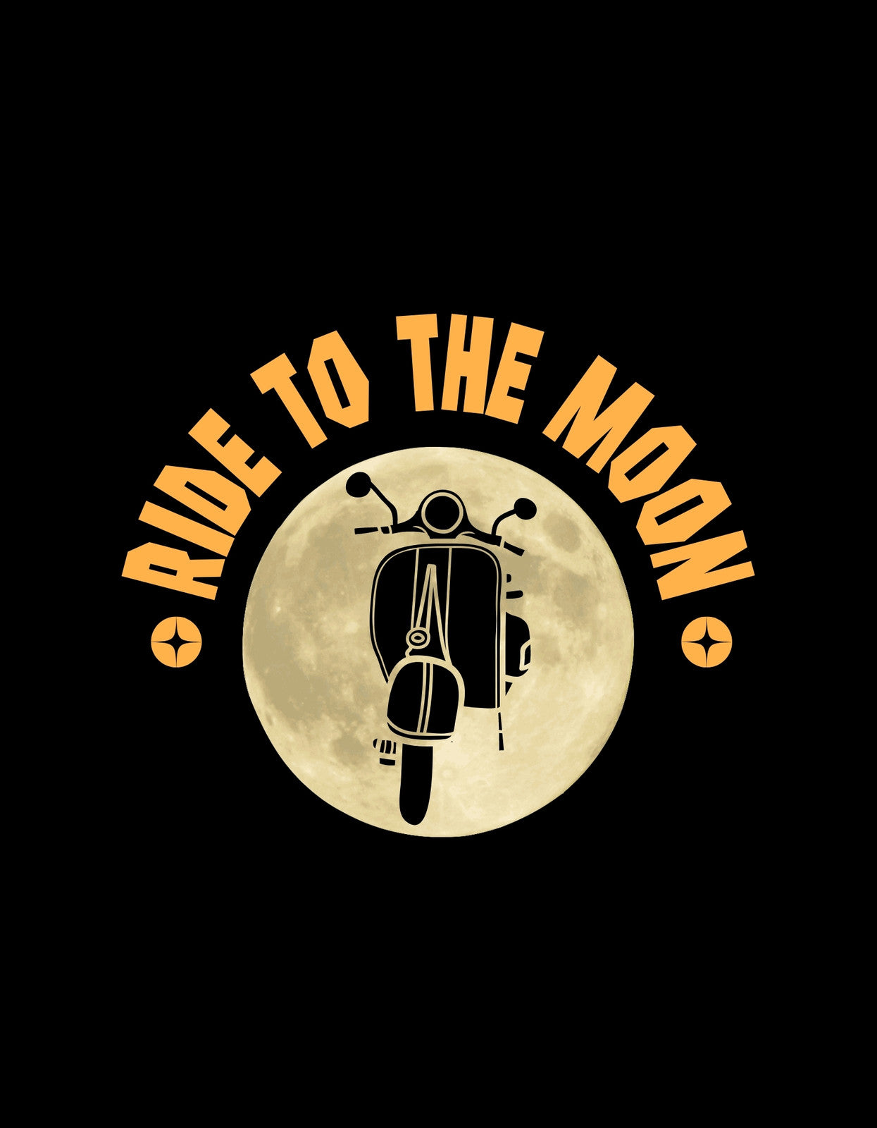Egy stílusos robogó látható a Hold előtt, a "Ride to the Moon" felirattal, ami egy kalandos és ábrándos hangulatot kölcsönöz.