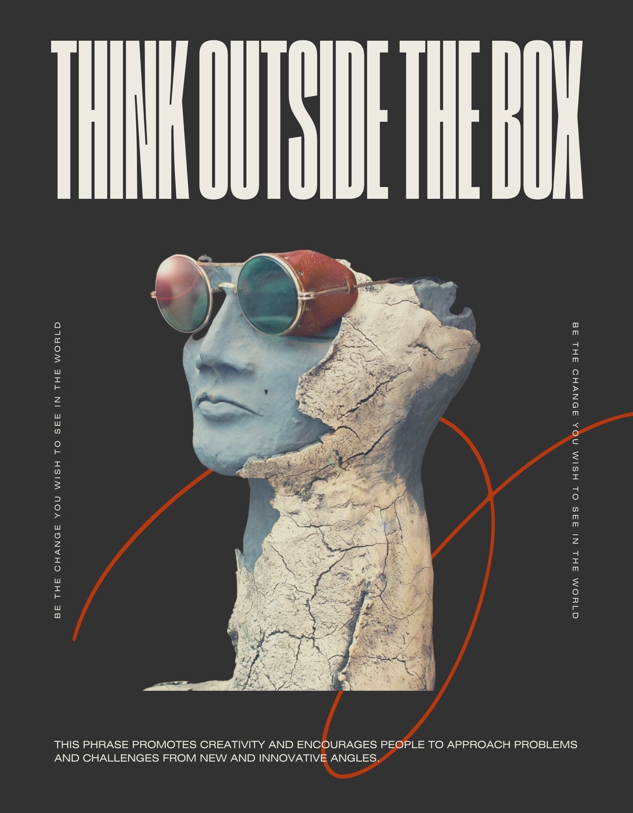 Egy szoborszerű arckép látható napszemüvegben, amelyre repedések vannak rajzolva, a "Think outside the box" szöveggel az innovatív gondolkodást hangsúlyozva.