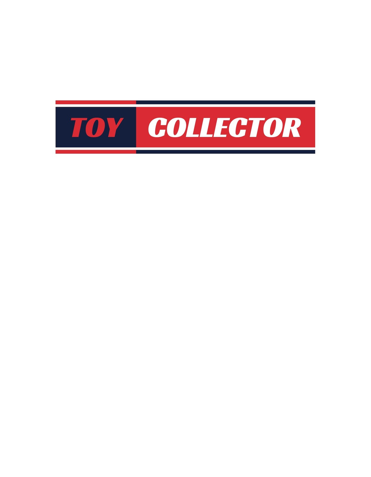 Egy letisztult dizájnnal rendelkező kép, melyen a "TOY COLLECTOR" felirat látható piros és kék színkombinációval, mely az igazi játékgyűjtők szenvedélyét tükrözi.