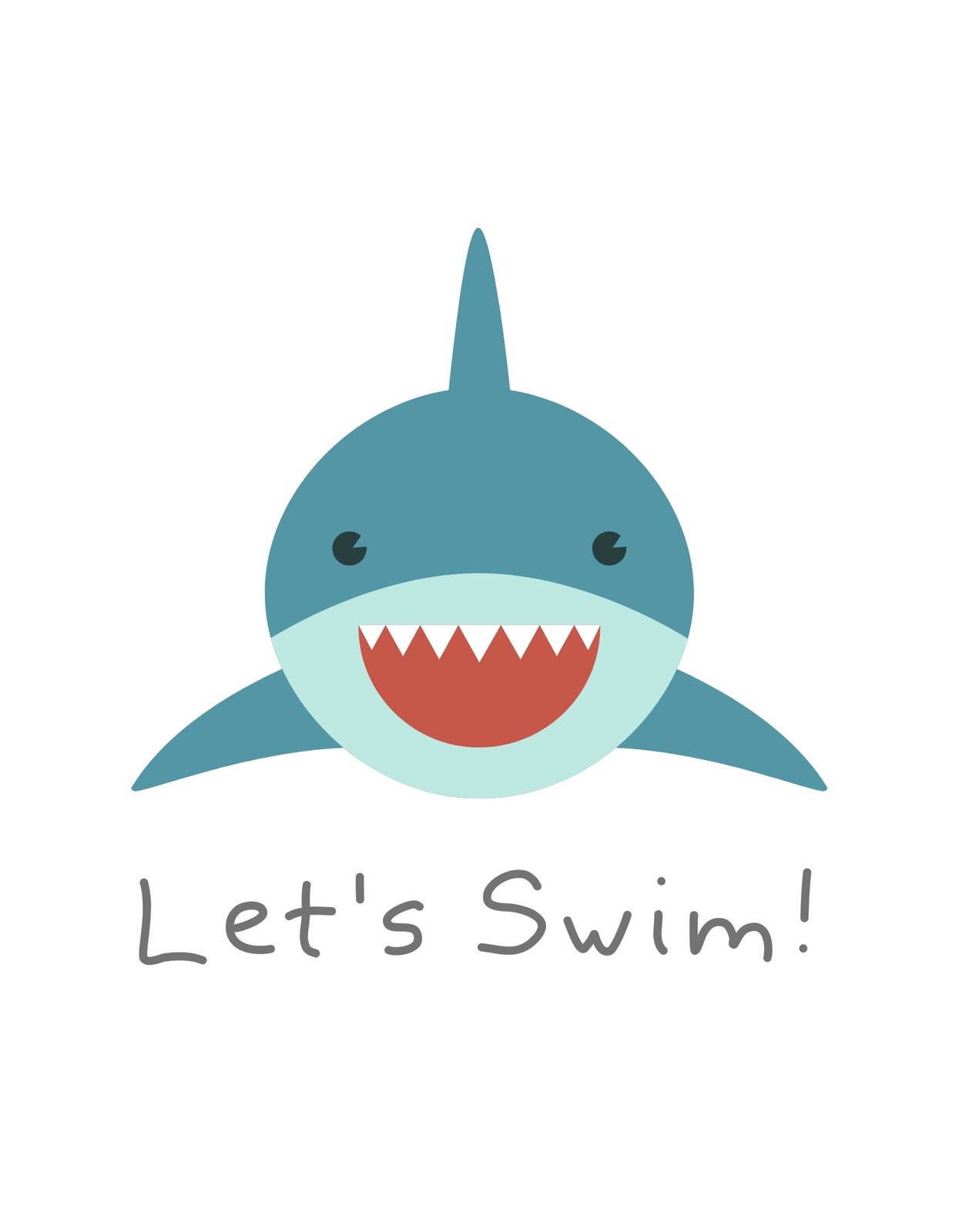 Egy mosolygó cápafigura úszásra invitál minket a „Let's Swim!” felirattal. Színes és barátságos megjelenése jókedvre derít.