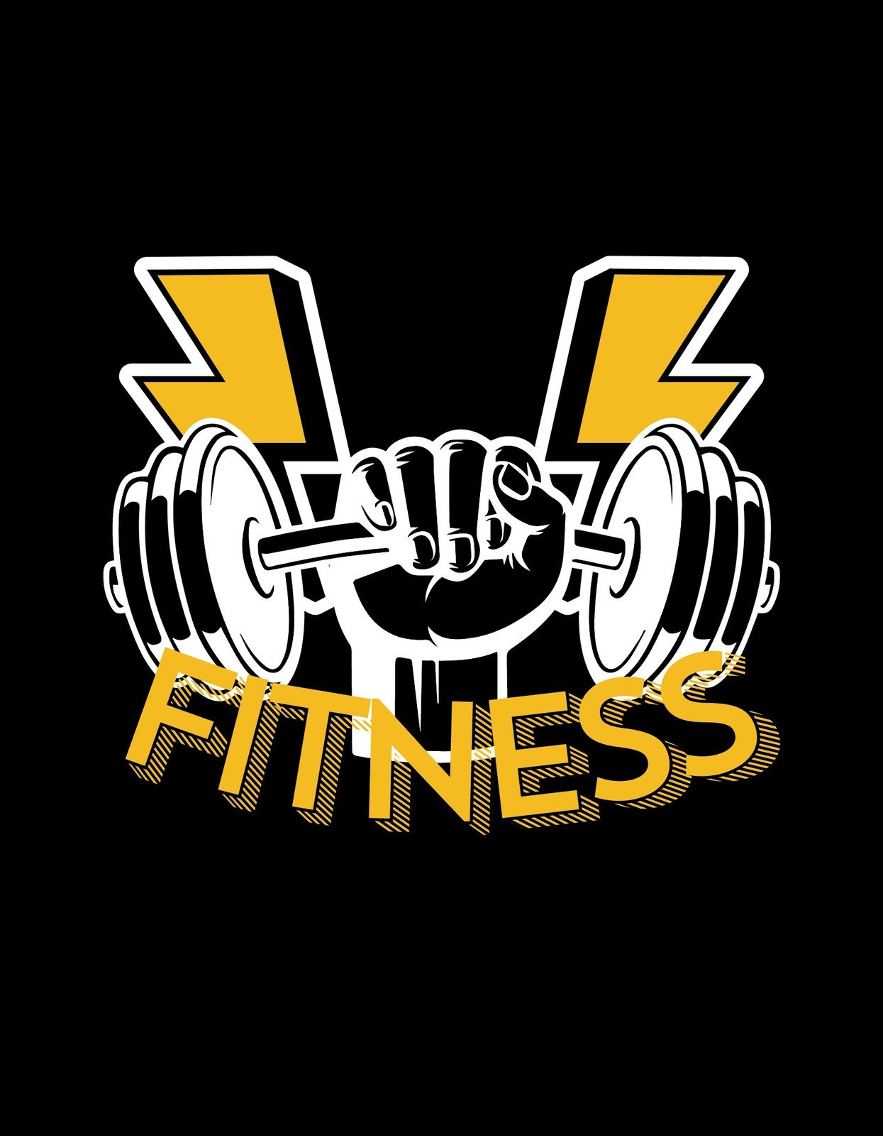Egy kéz, ami markol egy súlyzót, a súlyzó két oldalán villámokkal, és alatta nagy, sárga betűkkel a "FITNESS" szó.