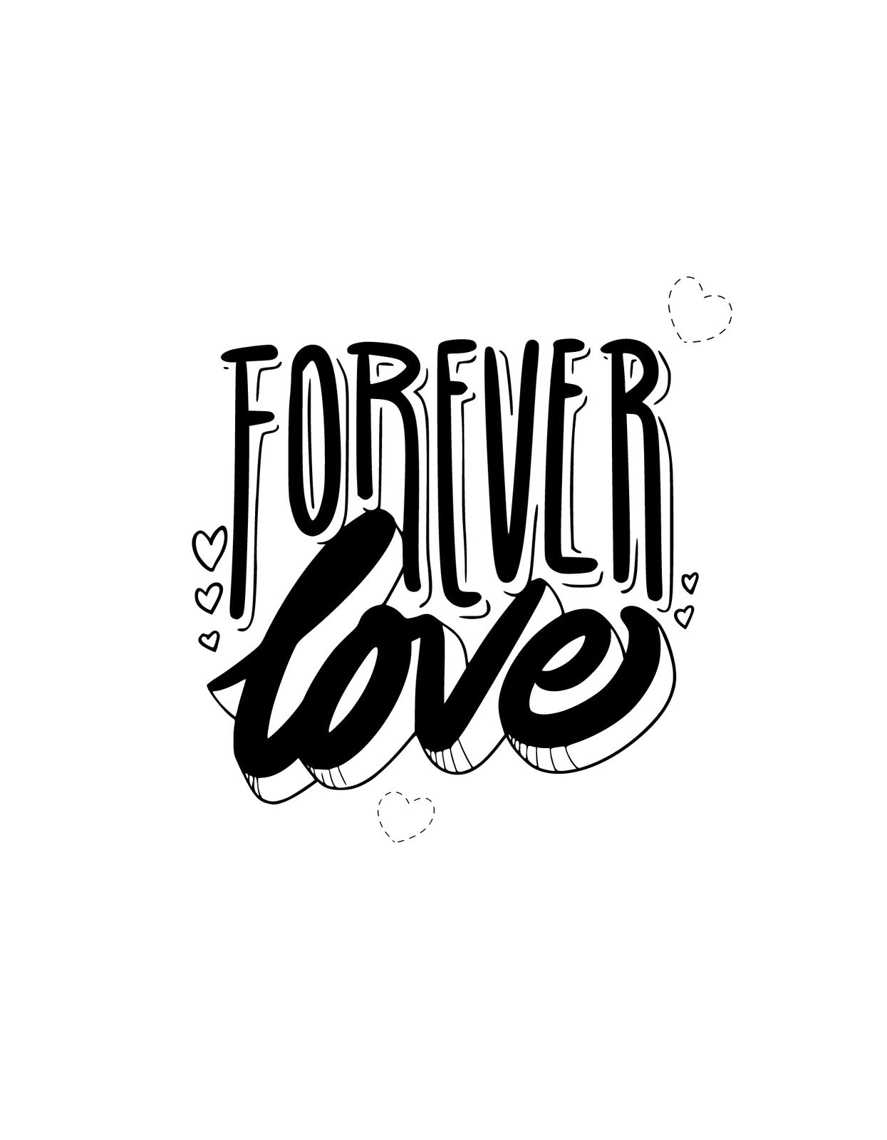 Az ábrán a "FOREVER LOVE" szöveg látható, mely dinamikus, kézírásszerű betűtípusban van megjelenítve, körülötte szív alakú díszítőelemekkel.
