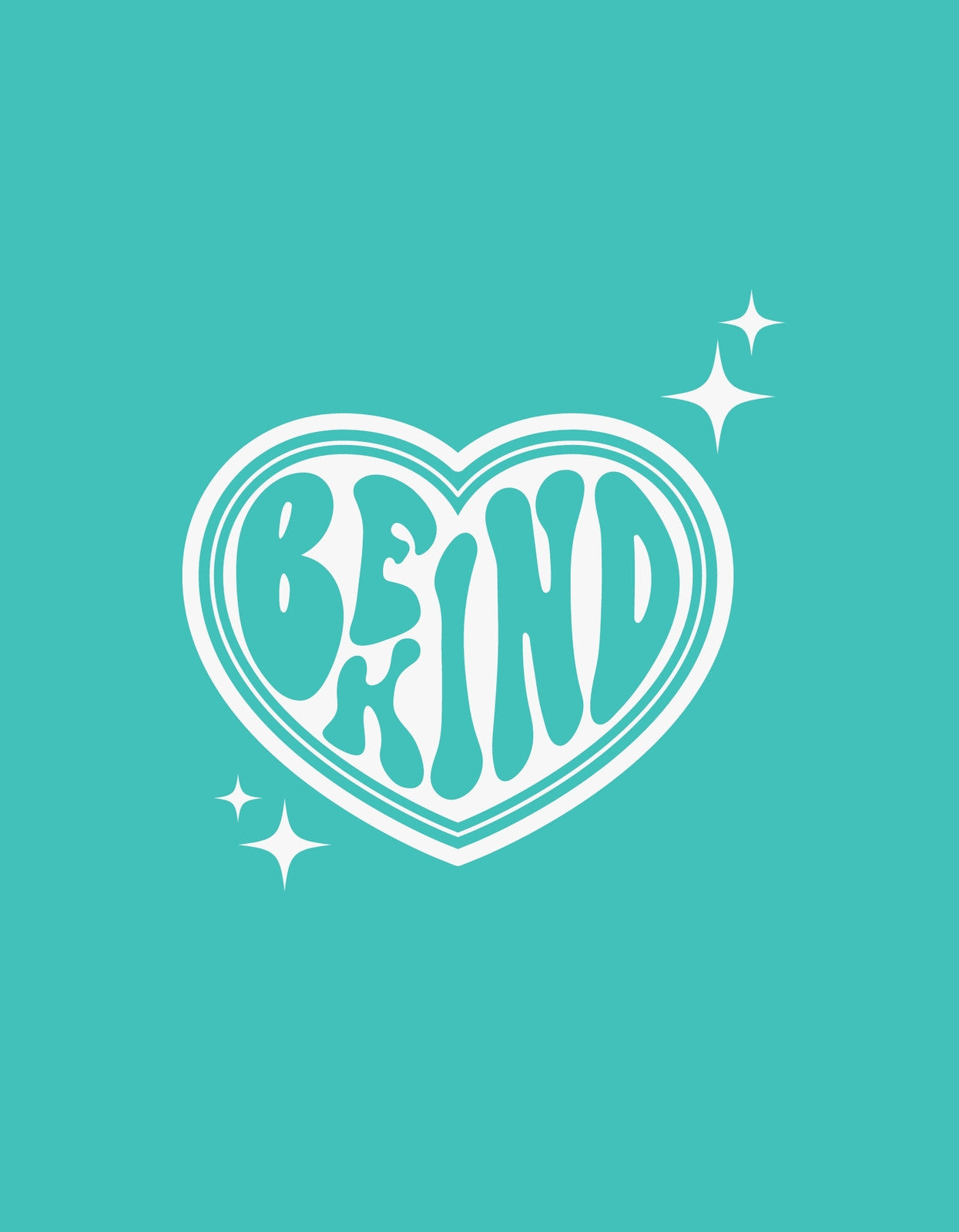 Egy türkiz szív alakú keretben, fehér díszítésekkel körülvéve, a "BE KIND" felirat látható, ami a kedvességet és pozitív hozzáállást hangsúlyozza.