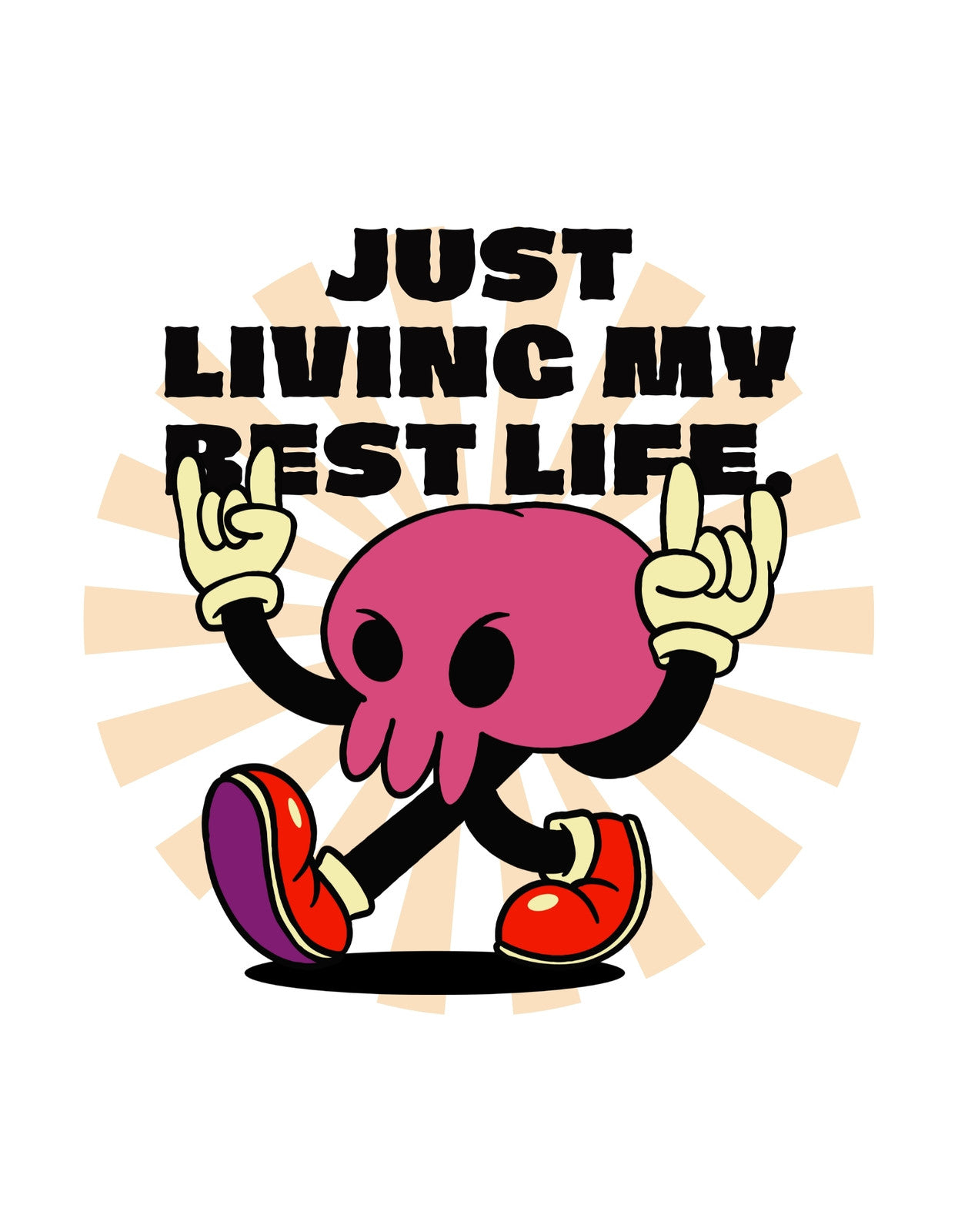 Egy boldog, piros cipős polip látható, aki a "Just living my best life" szöveget formázó napsugarak között sétál.