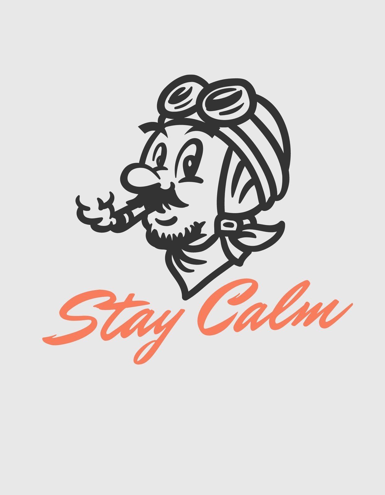 Egy régi időket idéző, bajuszos, pilótasisakot viselő karakter képe, aki nyugodtságot sugárzó kifejezéssel szívja a pipáját, alatta a "Stay Calm" felirattal.