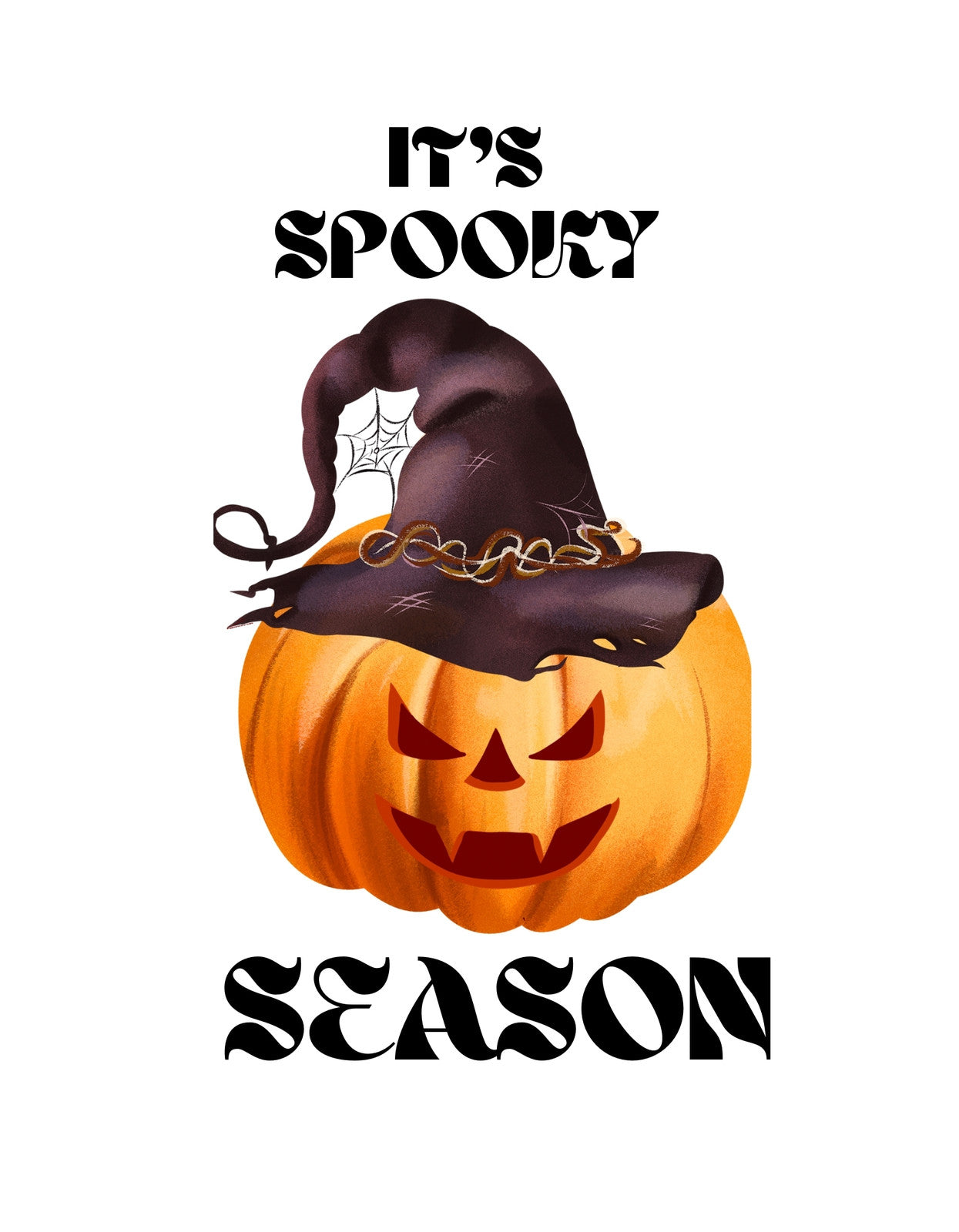 Egy mosolygó tökfaragvány visel egy boszorkánysüveget, a "It's Spooky Season" szöveggel, tökéletesen idézi meg a Halloween hangulatát.