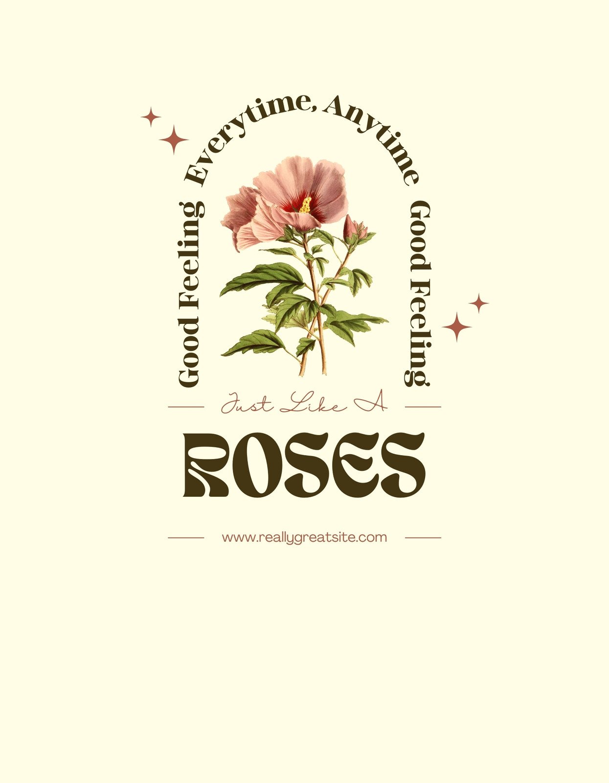 Egy vintage hangulatú, rózsás grafikai elemmel díszített design, melyet körülvesz a "Good Feeling Everytime, Anytime - Just Like A ROSES" felirat, idézve a természetes szépség és a jó érzés örök varázsát.