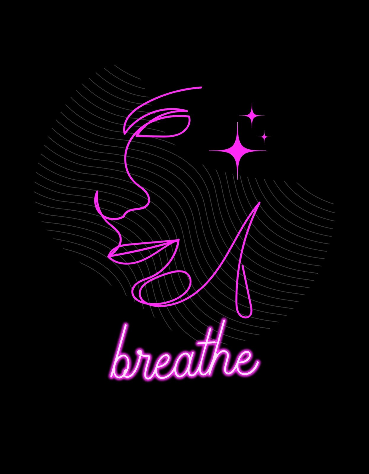 Egy elegáns, minimalista női arckontúrt ábrázoló grafika, amit dinamikus vonalak és egy magával ragadó "breathe" felirat tesz teljessé, kiemelve a design nyugalmát és egyensúlyát.