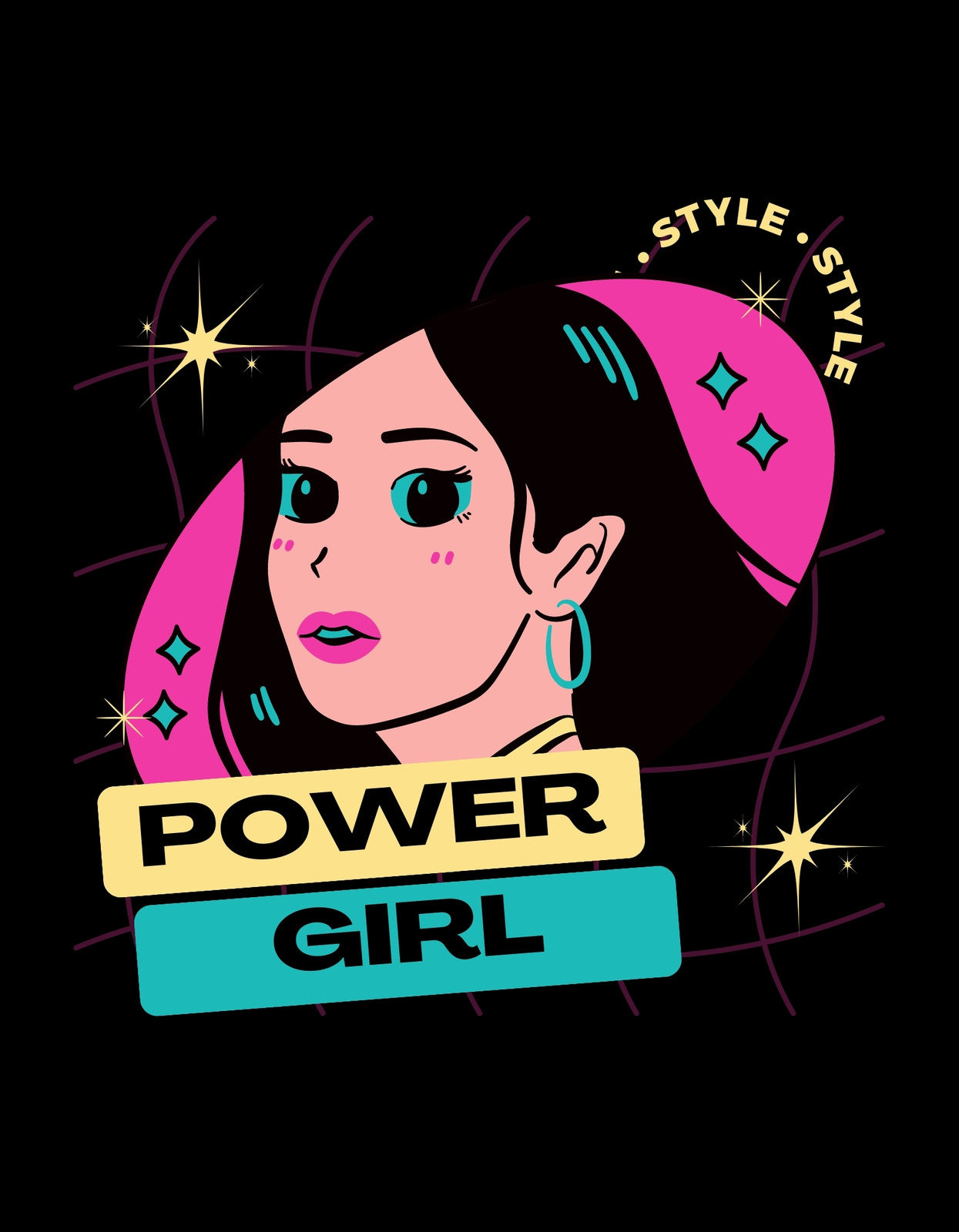 Egy határozott tekintetű női arckép, modern stílusban megalkotva, rózsaszín és kék árnyalatokkal kiemelve. A design központi elemeként "POWER GIRL" felirat tűnik fel, sugárzó csillagokkal körülvéve, ami erőt és magabiztosságot kölcsönöz viselőjének.