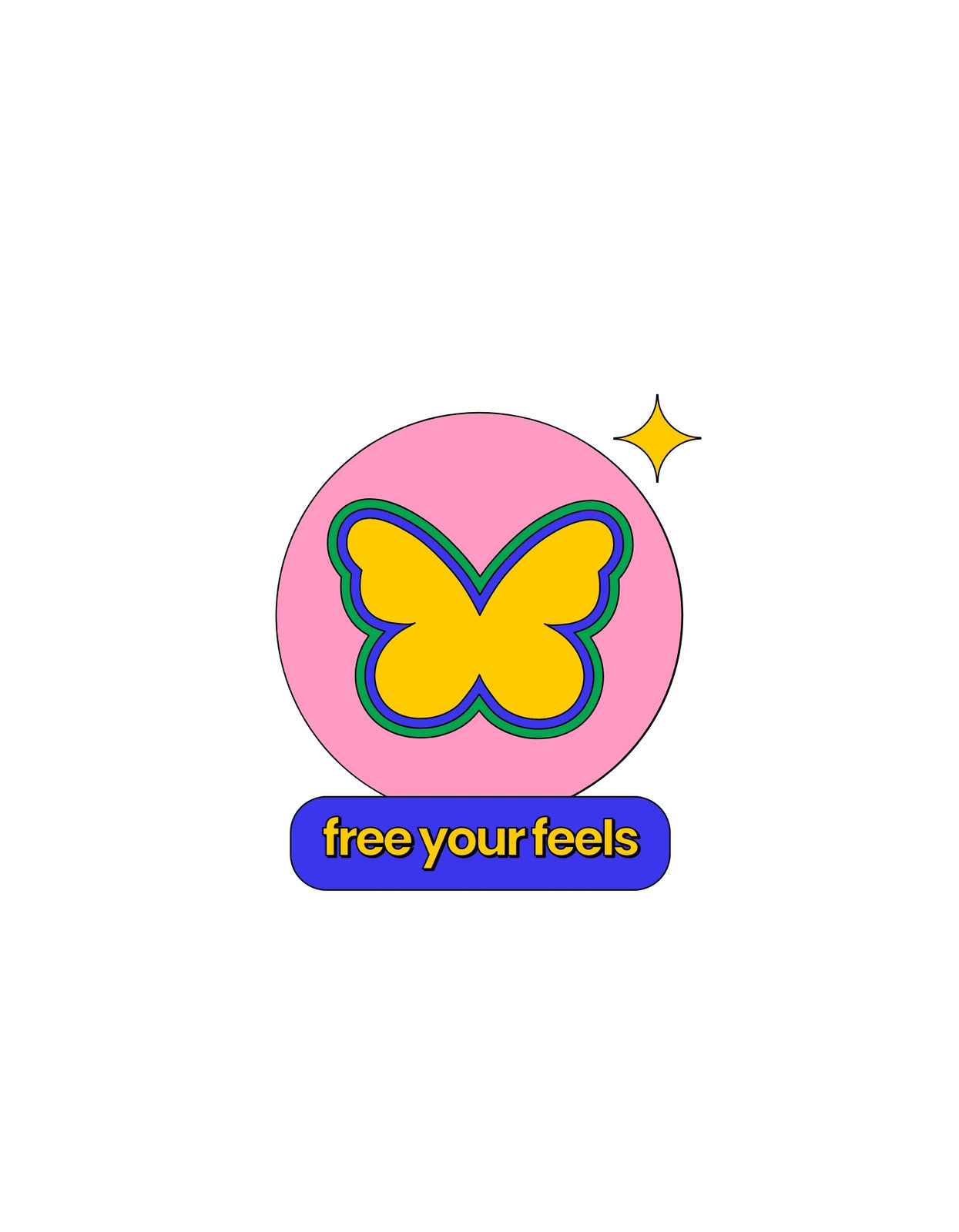 Egy színes pillangó, amely egy rózsaszín körben helyezkedik el, csillagfényekkel és a "free your feels" felirattal alatta.