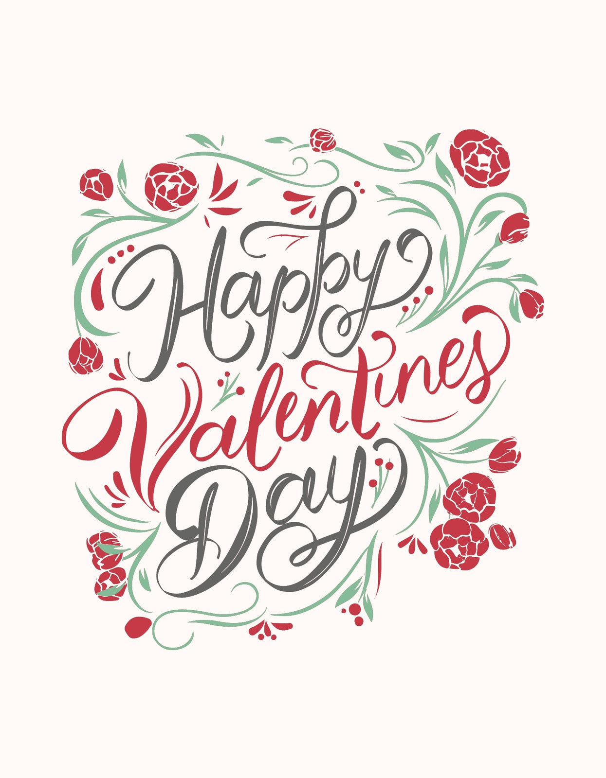 Elegáns és romantikus tervezés, ahol az "Happy Valentine's Day" felirat kerül középpontba, körülötte virágos, szívvel teli díszítésekkel. A piros és zöld színek harmonikus összhangja melegséget és szeretetet sugároz.