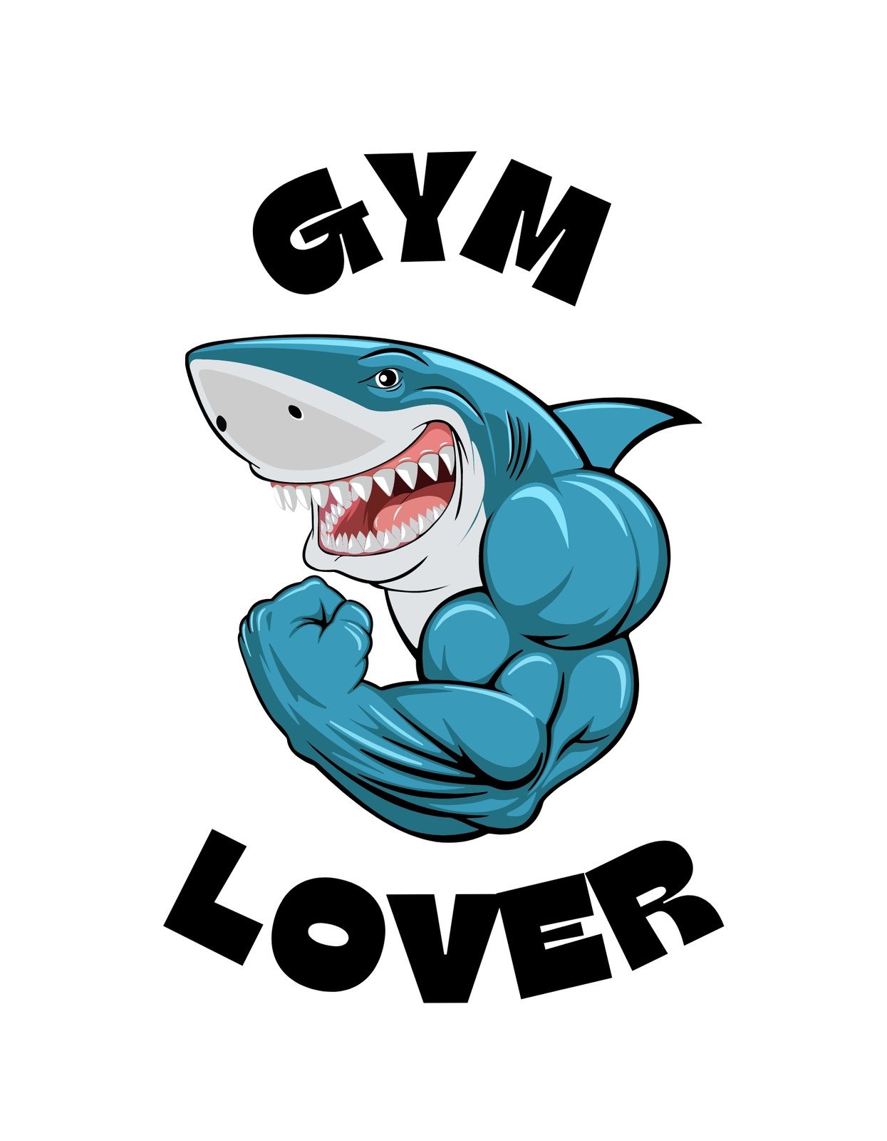 Erőt sugárzó izmos cápa, aki a fitnesz szerelmét fejezi ki, feliratokkal, amik a "GYM" és "LOVER" szavakat formázzák.