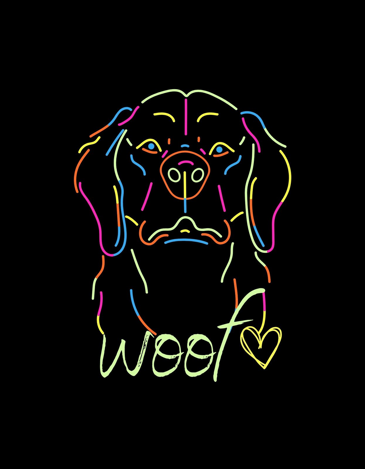 Színes neon kontúrokkal megrajzolt kutya fejét látjuk, szemében hűséggel és szeretettel, alatta a "woof" felirattal és egy szívvel.