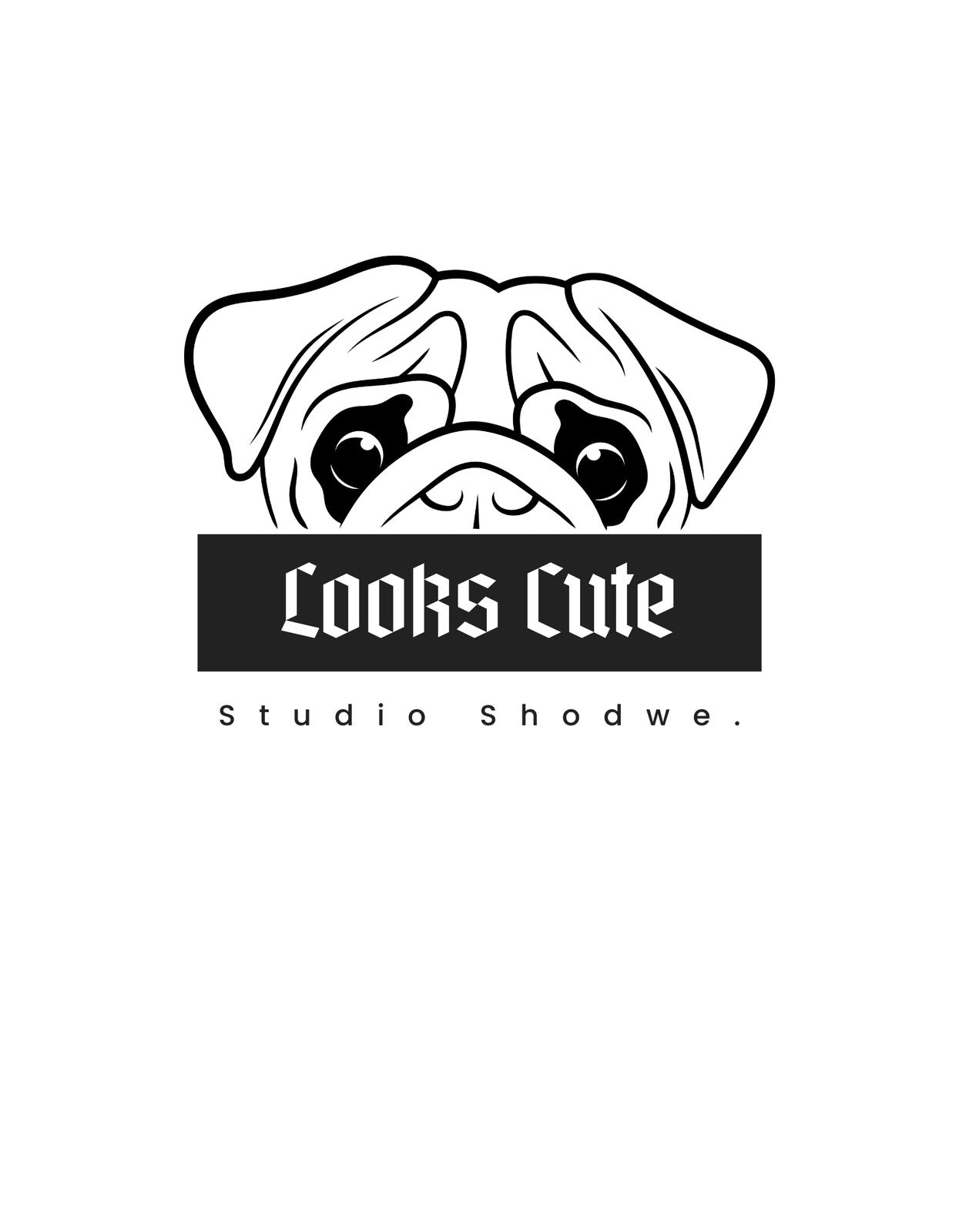 Egy aranyos mopsz kutyus ábrázolása egyszerű, letisztult vonalakkal, alatta a "Looks Cute" szöveggel. A design minimalista, mégis kifejező, tökéletesen adja vissza a mopszok jellegzetes, kedves tekintetét.