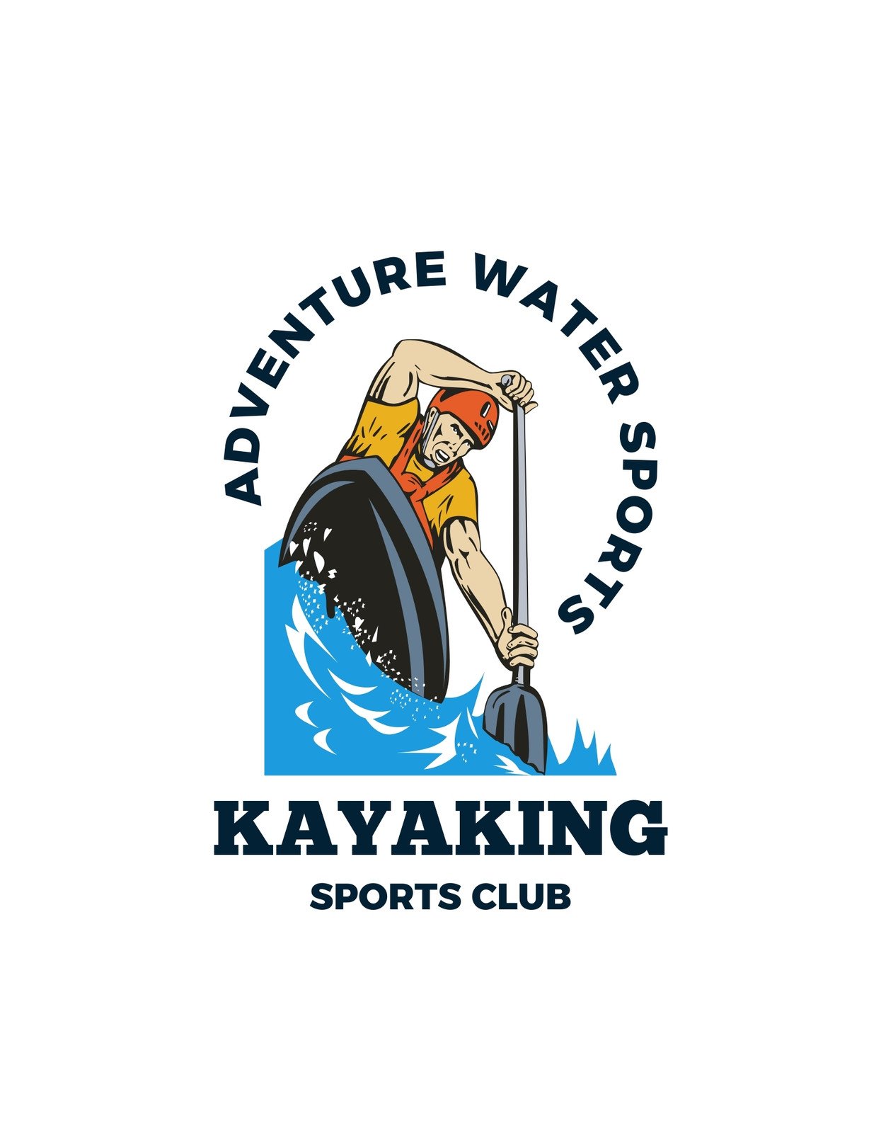 Egy lendületes kajakos ábrázolása látható az örvénylő vizek között, teljes evezős felszerelésben, szenvedélyes és energikus mozdulattal evez. A kör alakú logó az "Adventure Water Sports - Kayaking Sports Club" szöveget foglalja magában, hangsúlyozva a kalandos vízi sportok közösségét.