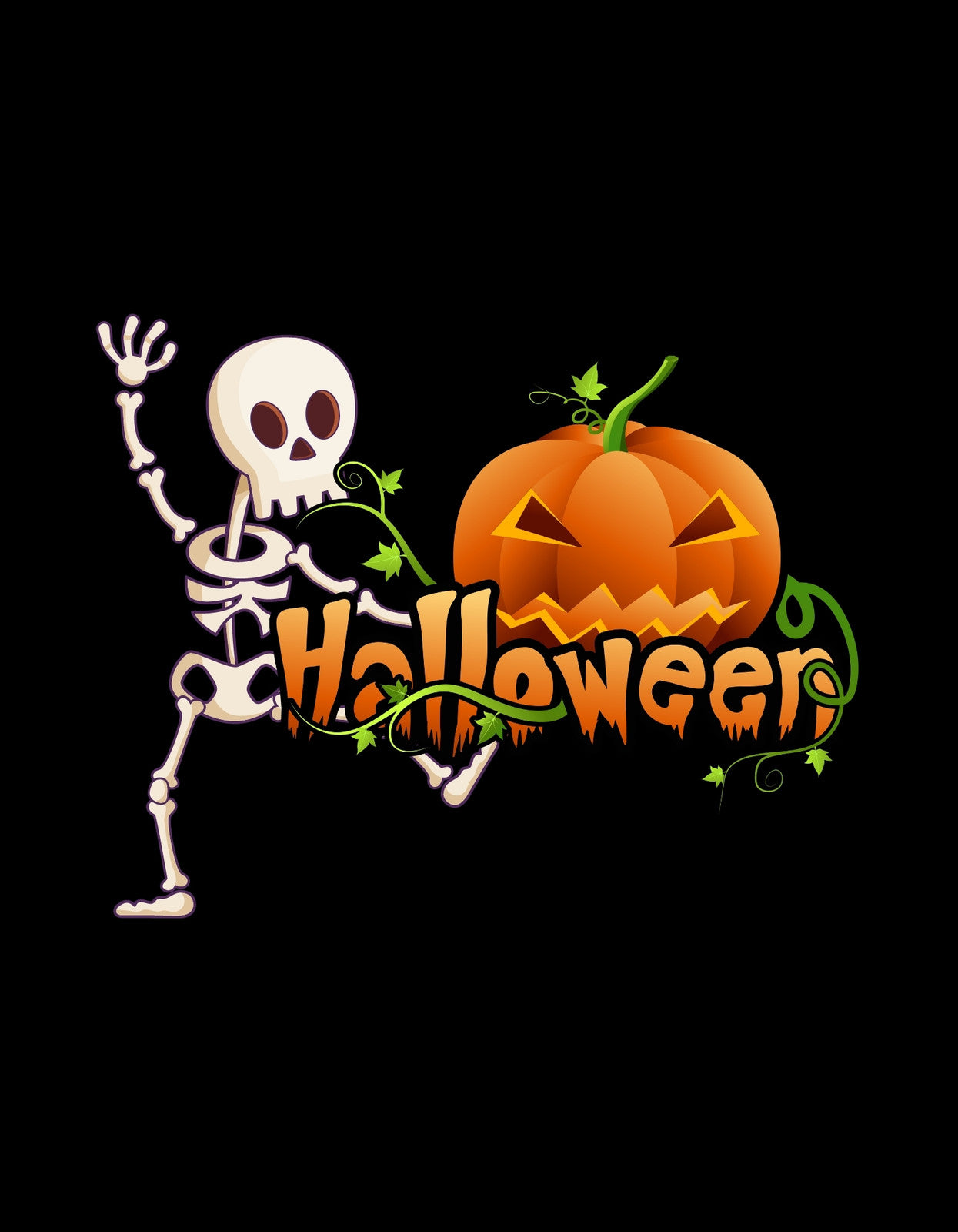 Egy vidám csontváz táncikál egy faragott tök mellett, melynek felirata a "Halloween". Sötét háttéren a narancssárga és fehér színek üdítő kontrasztot alkotnak, tökéletesen megteremtve az ünnep hangulatát.