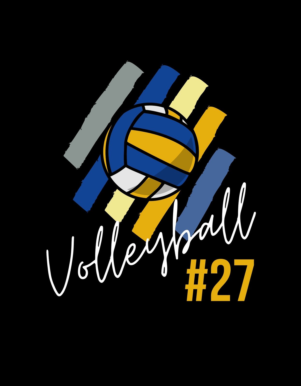 Dinamikus röplabda dizájn egy dinamikusan ábrázolt röplabdával, kiegészítve színes sávokkal, és a "Volleyball #27" felirattal.