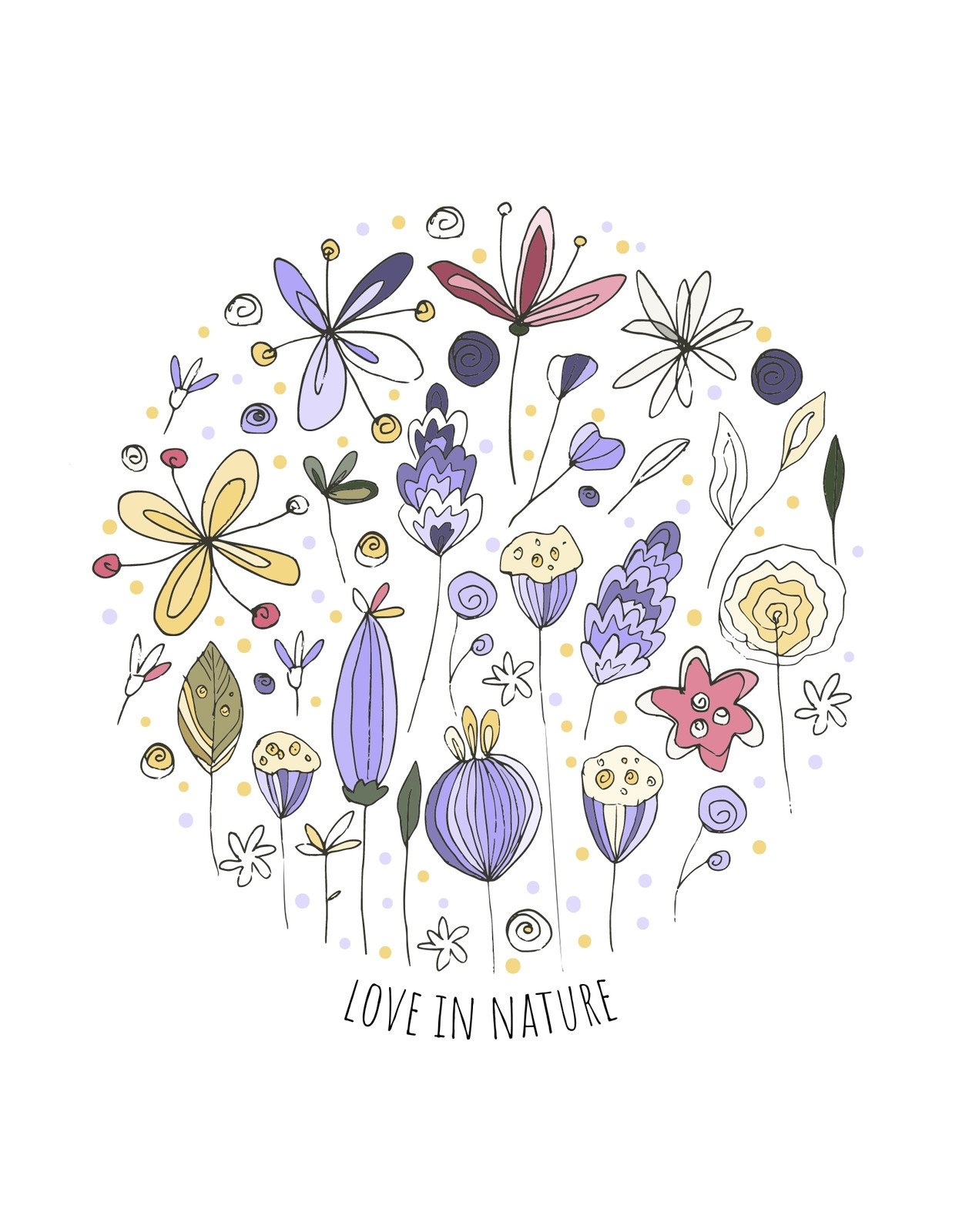 Színes, kézzel rajzolt virágok és pillangók díszítik ezt a vidám, természet ihlette képet, ahol a "LOVE IN NATURE" szöveg is megjelenik.