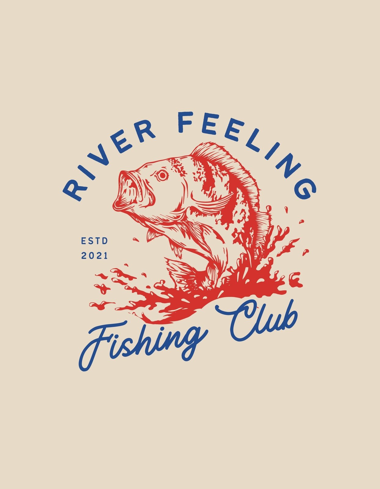 Egy lendületes halászati minta díszíti ezt a tervezést, ahol egy nagy hal ugrás közben látható, körülötte vízfröccsenéssel, a "River Feeling Fishing Club" felirattal és 2021-es alapítási dátummal.