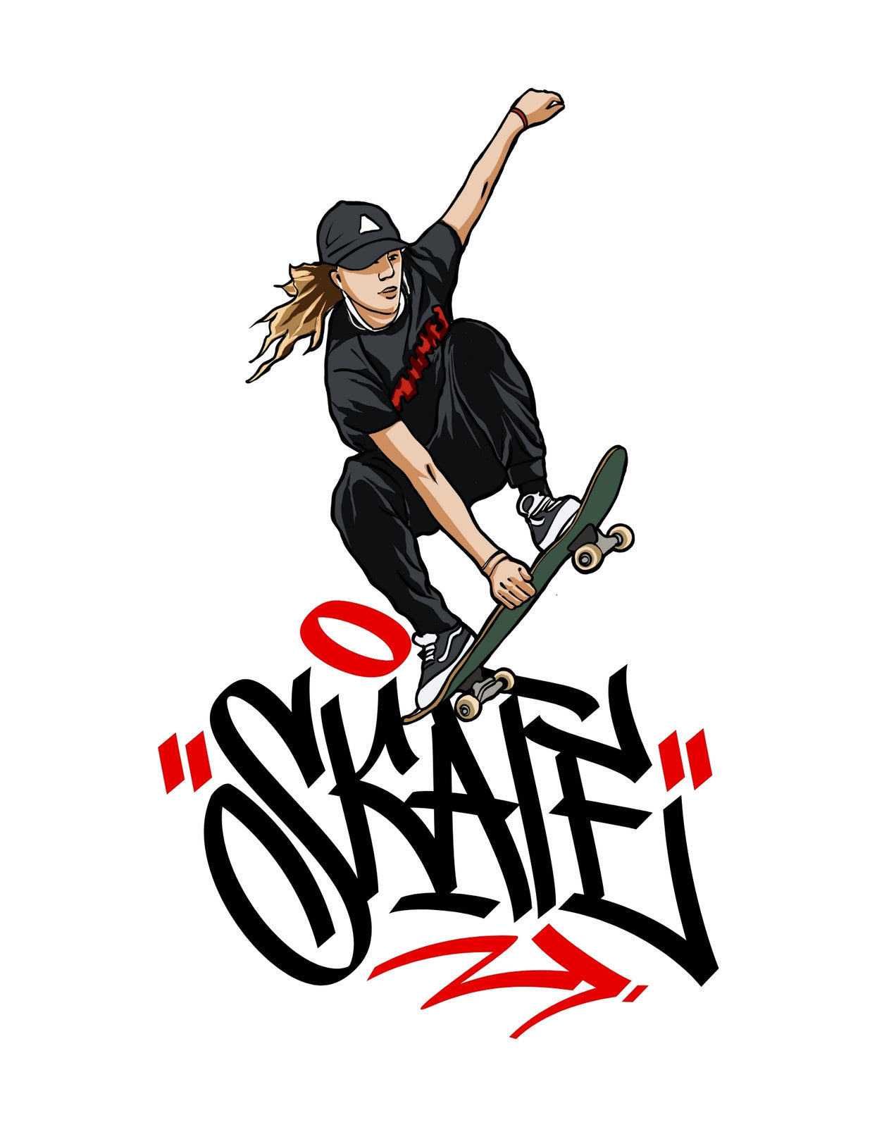 Egy dinamikus gördeszkás fiatal látható, ahogy éppen egy trükköt mutat be, körülötte a "Skate" felirat grafikus betűivel.