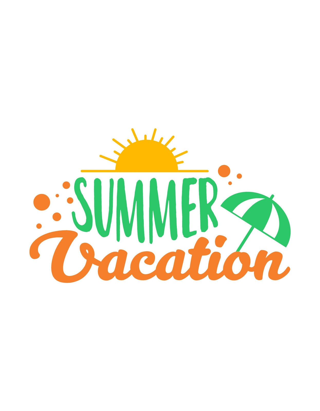 Egy vidám, napfényes nyári hangulatot árasztó dizájn, amely egy naplementében úszó "SUMMER VACATION" szöveget ábrázol, mellette egy nyitott napernyővel.