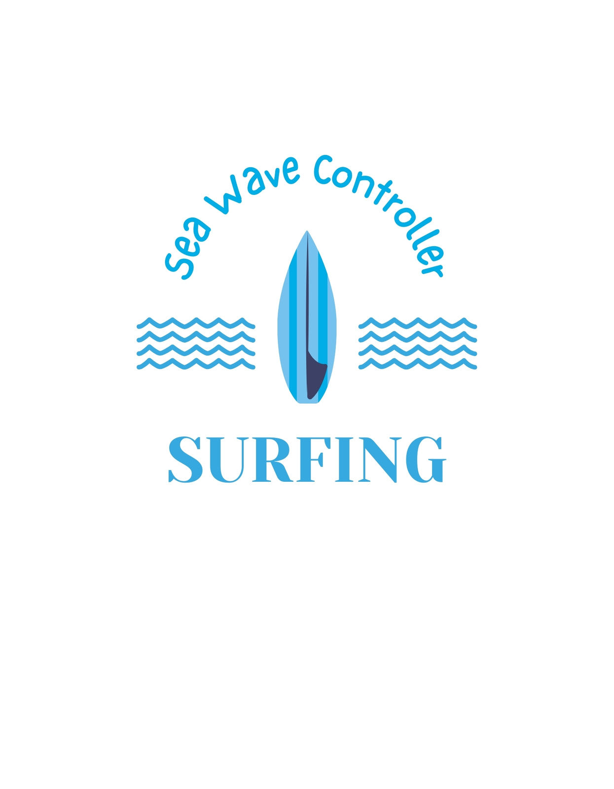 A képen egy egyszerű, de stílusos szörfös dizájn látható, kék hullámokkal és egy középen elhelyezkedő szörfdeszkával. A "Sea Wave Controller" és "SURFING" feliratokkal együtt tökéletes választás a tenger szerelmeseinek.