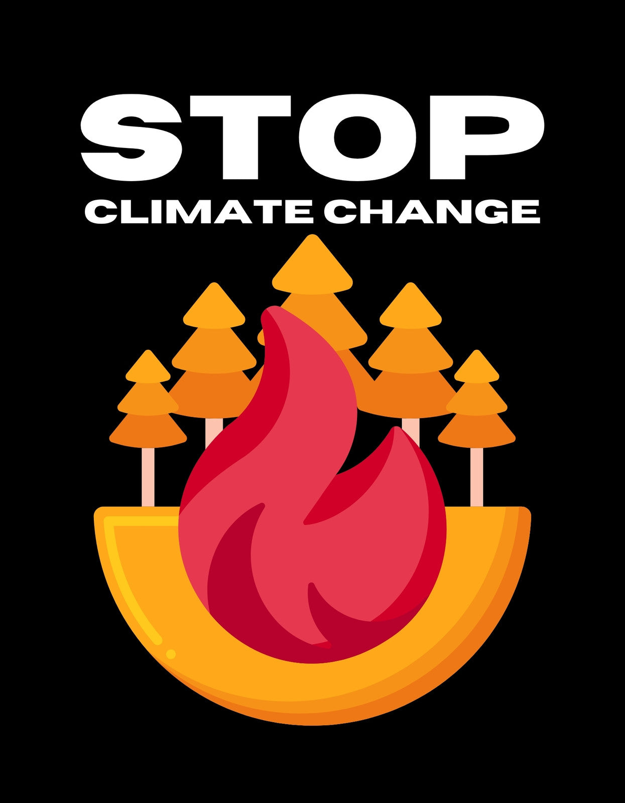 Környezettudatos üzenettel ellátott dizájn, mely egy óriási lángot és mögötte fenyőfákat ábrázol egy félig nap formájú elemen belül, felette a "STOP CLIMATE CHANGE" felirattal.