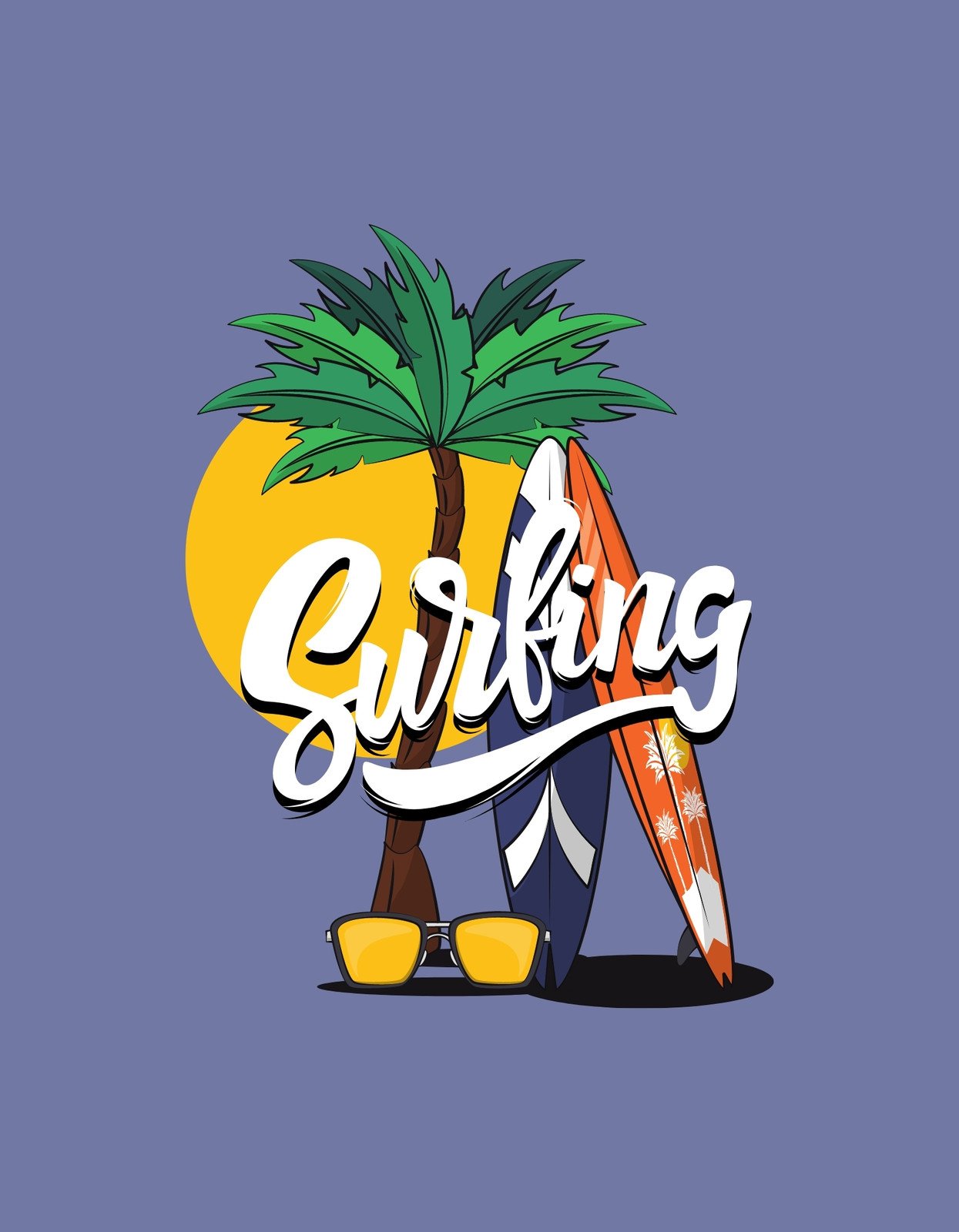 Egy napsütötte nyaralós hangulatot árasztó kép, amelyen egy pálmafa, néhány szörfdeszka és egy naplemente látható, a "Surfing" felirattal előtérben.