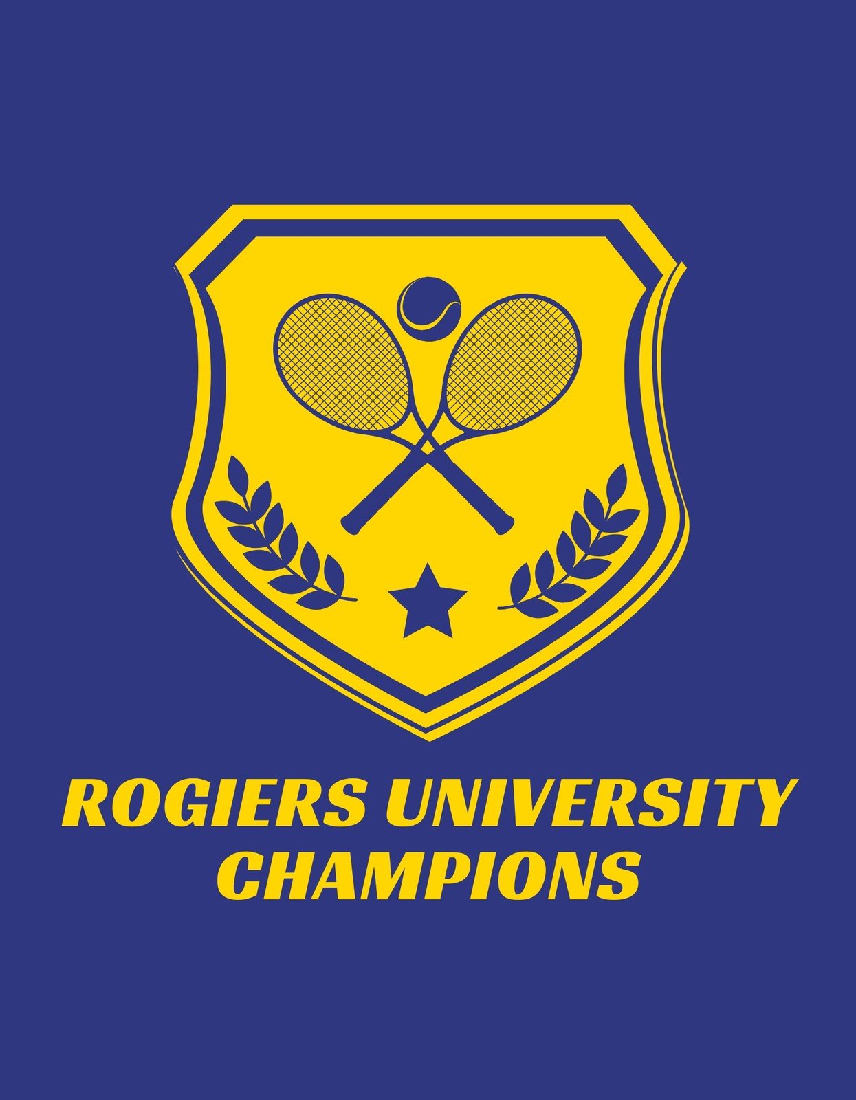 Egy teniszütőket és labdát ábrázoló címer, laurel koszorúval és csillaggal, felirattal "ROGIERS UNIVERSITY CHAMPIONS".