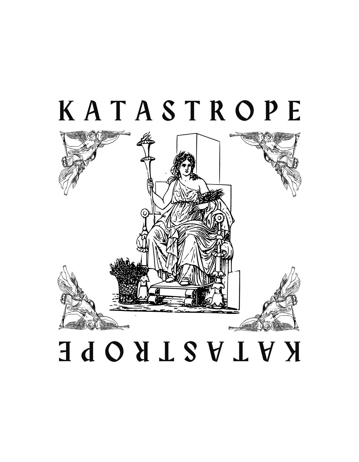 Klasszikus ihletésű grafika díszíti az ábrát, ahol egy trónon ülő alakot és íjász angyalokat làtunk, felettük a "KATASTROPHE KATASTROPHE" felirat körvonalaz egy filozofikus hangulatot.