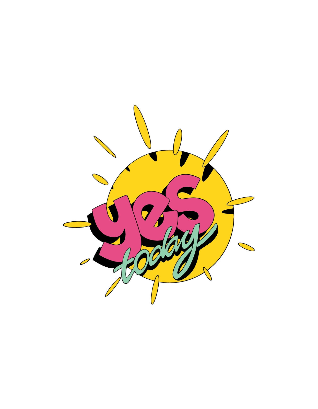 Egy dinamikus és vidám dizájn, ami a "YES today" feliratot ábrázolja, kiemelve a pozitív hozzáállást és az akcióra való ösztönzést. A design elemei között színes, robbanásszerű minták találhatóak, amelyek hangsúlyozzák az üzenet energiáját.