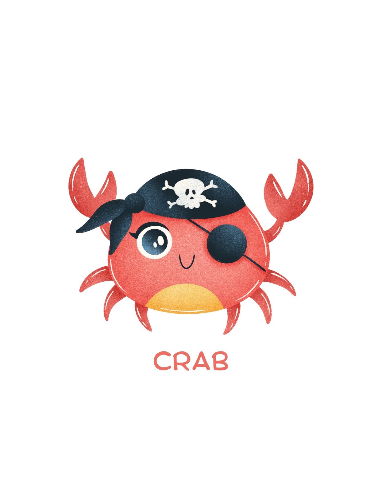 Egy aranyos rajzolt kalóz rák látható, szemkötővel és kalózkalappal, ami egy vidám, játékos hangulatot áraszt.