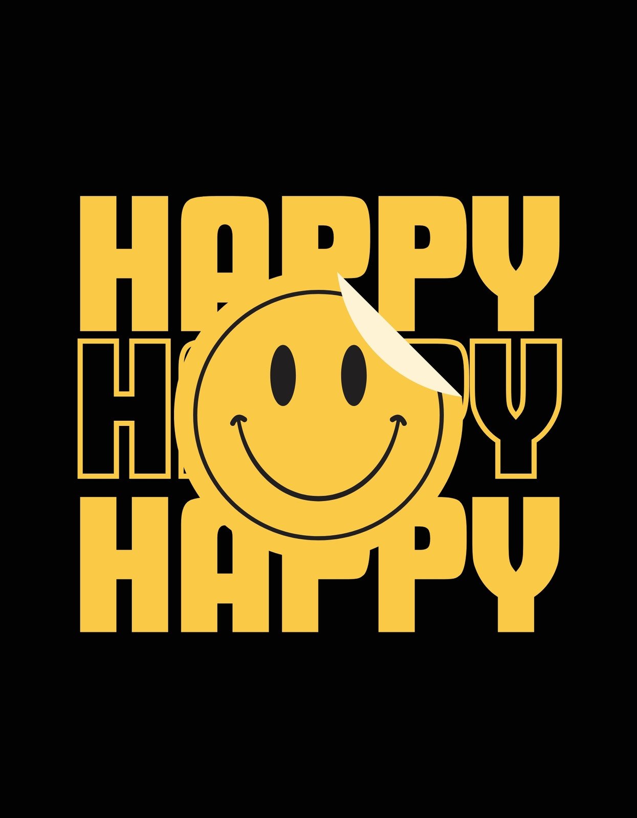 Egy mosolygós, vidám hangulatú arckifejezés tölti meg ezt a sárga és fekete színkombinációjú tervezést, a "HAPPY" szó ismétlődik, dinamizmust és pozitív energiát sugárzó elrendezésben.