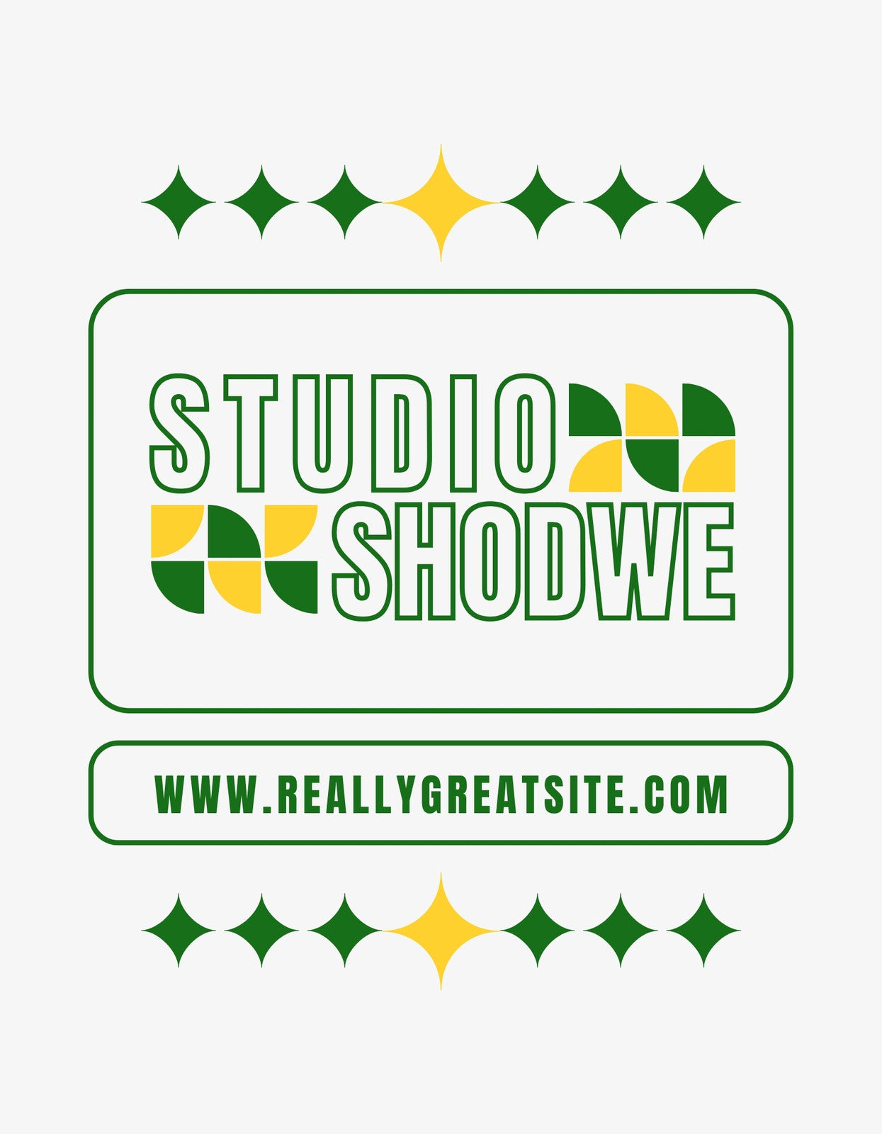 Zöld és sárga árnyalatokban pompázó grafikai tervezet, mely egy modern és lendületes stílust sugall. A dizájn a "STUDIO SHODWE" feliratot emeli ki, körülötte csillagokkal és egy weboldal címmel, hangsúlyozva az online jelenlétet.
