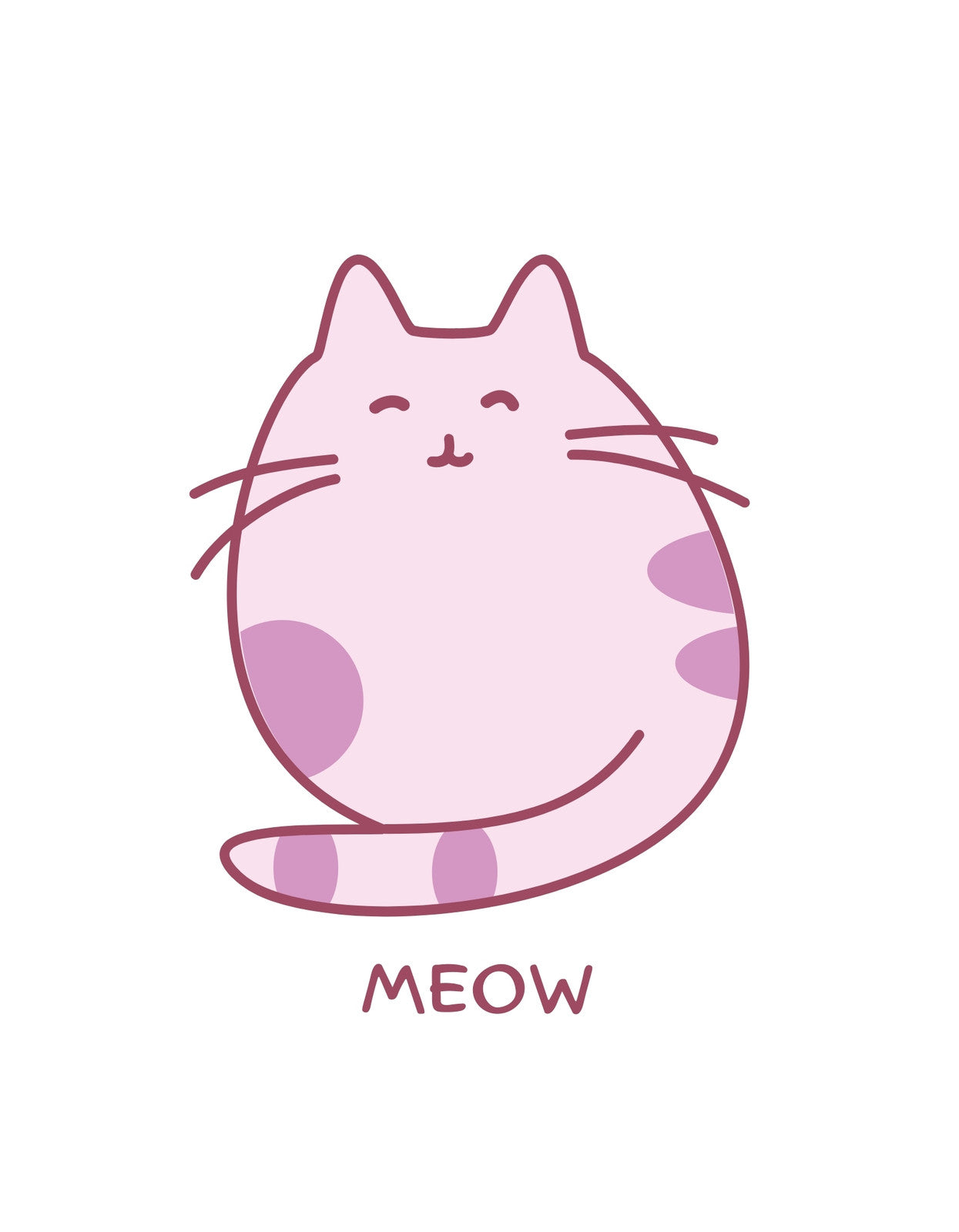 Egy kedves, mosolygós macskafigura tölti be a kép terét, amelynek testét lágy, pasztellszínű foltok díszítik, és alatta egy kedves "MEOW" felirat látható.