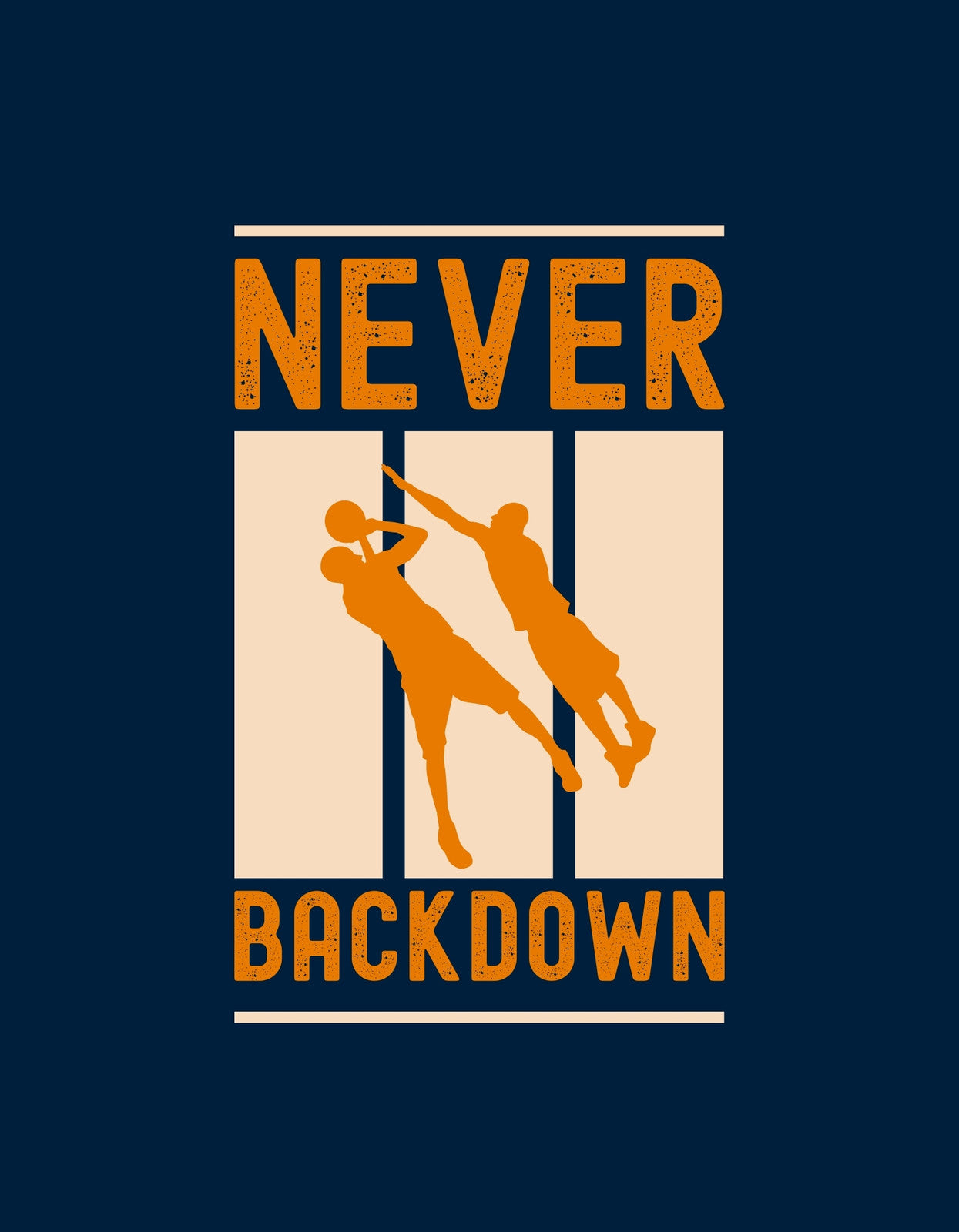 Egy bátor és elszánt küzdő szellemet ábrázoló dizájn, melyen két kosárlabdázó sziluettje látható akciójelenet közben, felette a "NEVER BACK DOWN" szöveggel.
