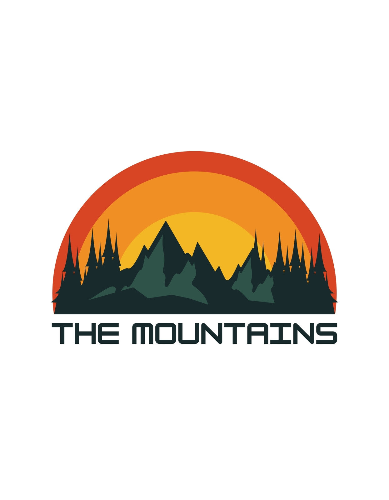 Egy lenyugvó nap vörös és narancs árnyalataival ábrázolt hegyek mögött, melyek előtt fenyőfák sora áll, az alján pedig a "THE MOUNTAINS" felirattal.