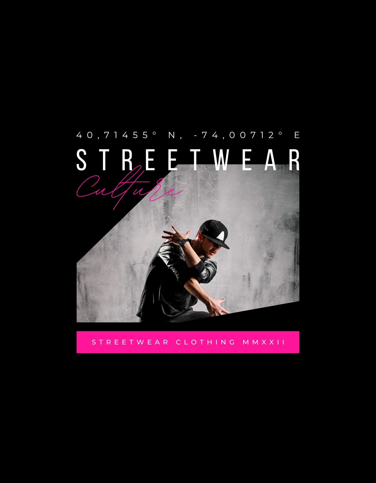 Egy városi táncos energikus pózában, a háttérben az utcák betonját idéző textúrával. A képen modern betűtípussal "STREETWEAR Culture" felirat látható.