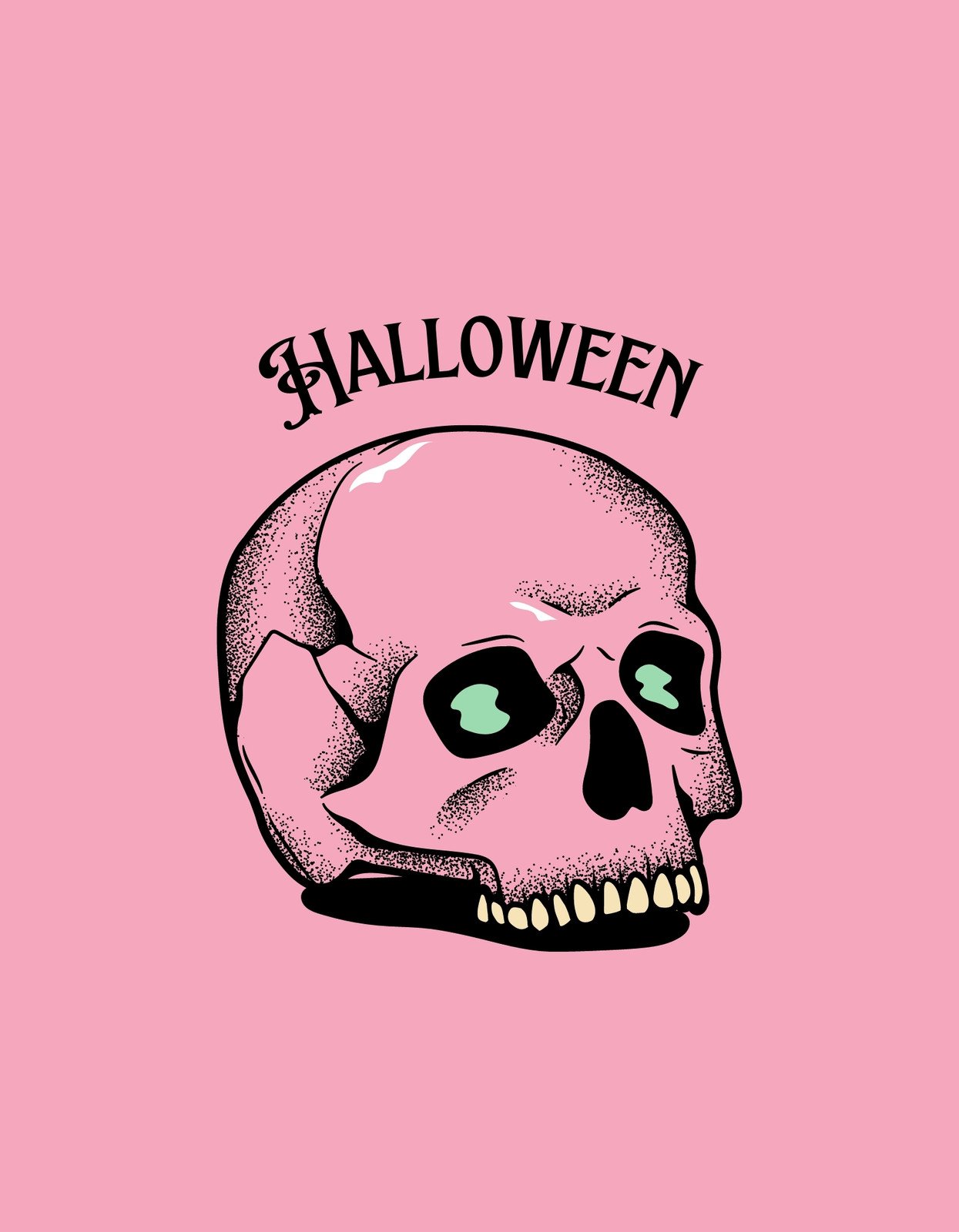 Egy halvány rózsaszín háttér előtt egy részletgazdag, sötét árnyékolt koponya látható, felette íves betűkkel a "Halloween" szó.
