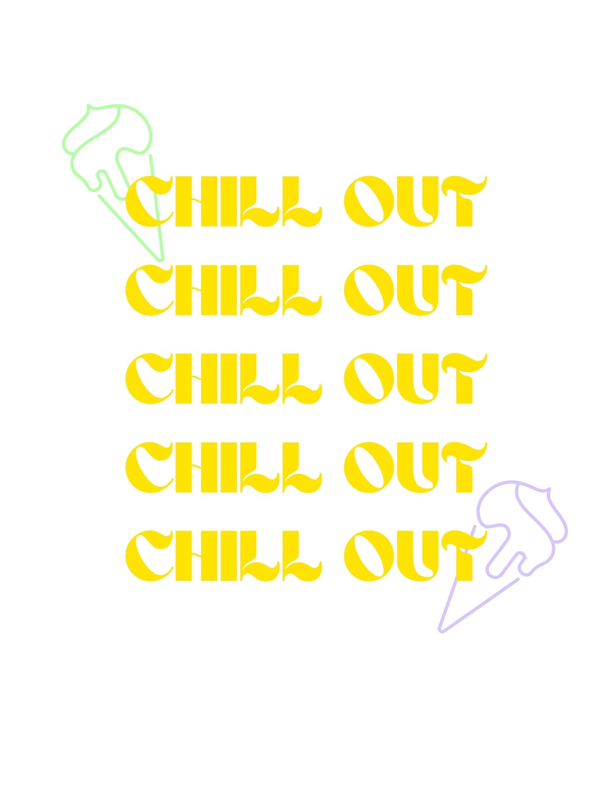 A képen a "Chill Out" szöveg ismétlődik sárga színben szabálytalan mintázatban, kiegészítve két, az aláolvadás jeleit mutató fagylaltképpel. A dizájn vidám, nyárias hangulatot áraszt, tökéletes választás a meleg napokra.